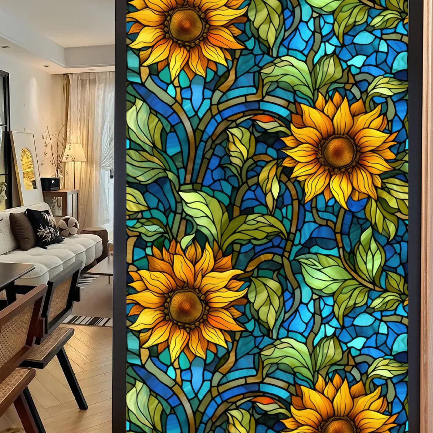 tained Glass Window Cling, 45x100cm Sunflower Pattern Non Adhesive Privacy Window Film, Sun Blocking Stained Glass Window Film, Decorative Window Decal for Bathroom Shower Door