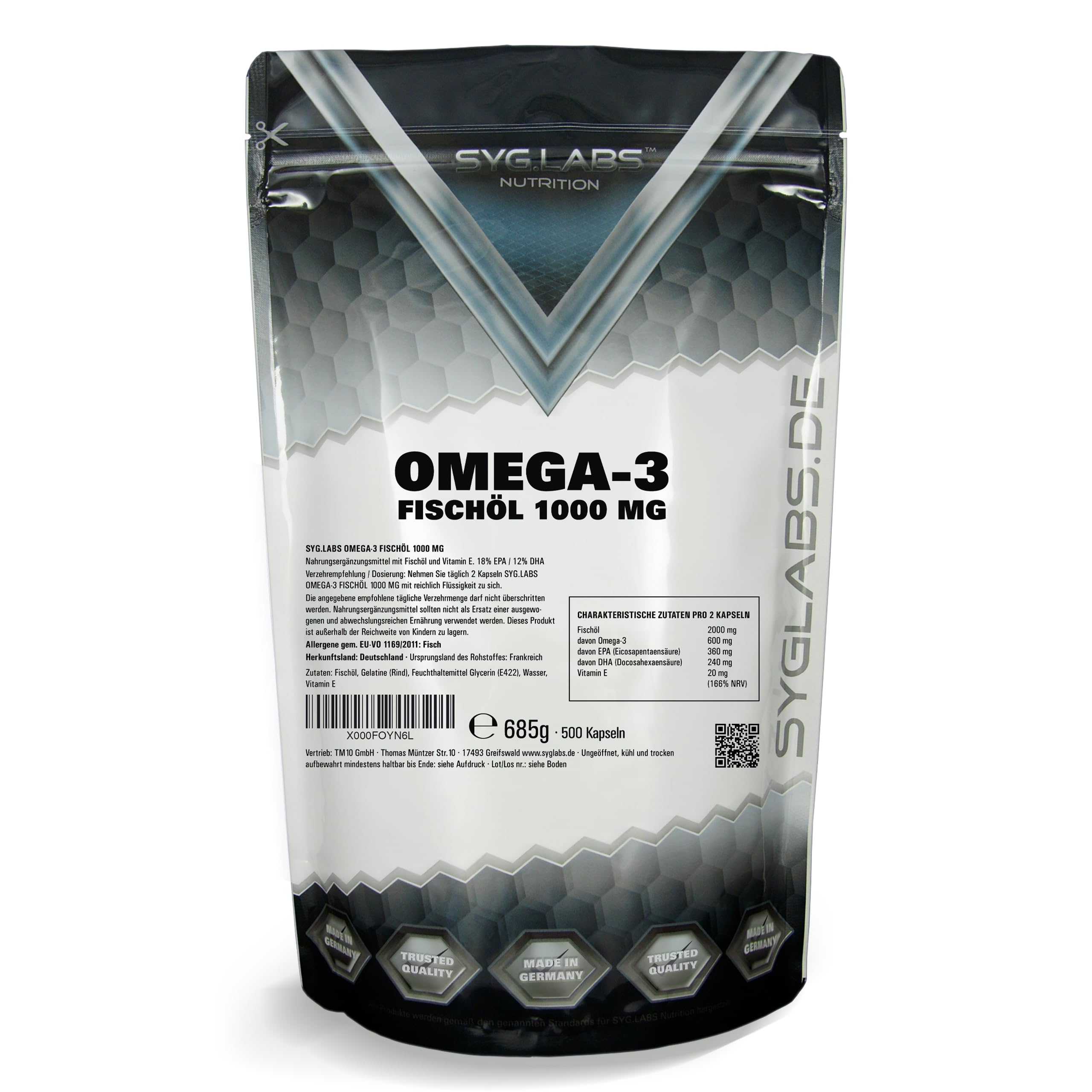 Syglabs Omega 3 Fischöl 1000mg - 500 Kapseln - mit 2000mg pro Tagesdosis - enthält 360 mg EPA & 240mg DHA - hochwertige Omega-3 Fettsäuren - laborgeprüft