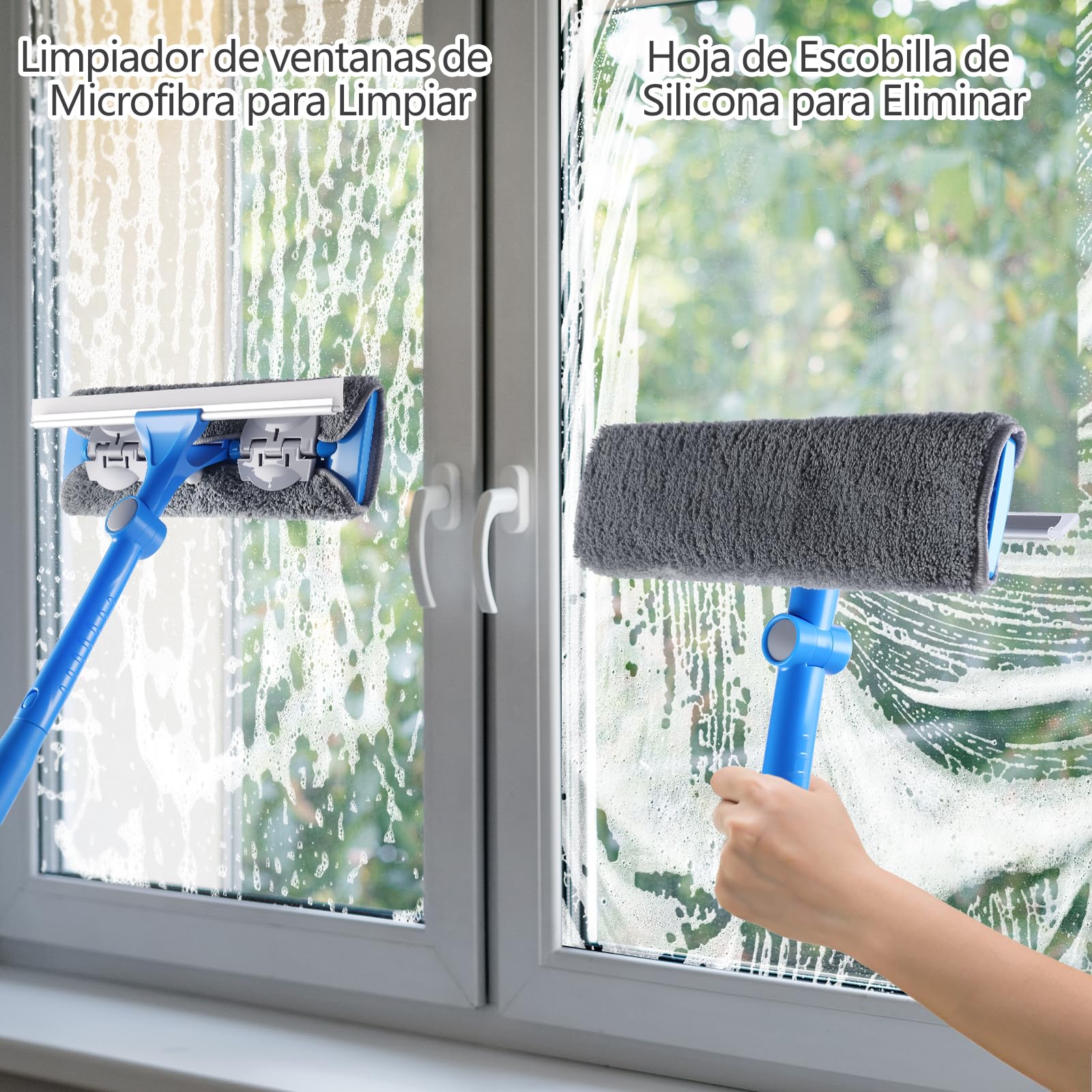 Mitclear 2 en 1 Limpiacristales con Mango Largo(475cm), Limpiador de Ventanas con Escobilla de Silicona y Paño de Microfibra, Kit de Limpieza de Ventanas para Coche, Ventanas Altas, Interior/Exterior