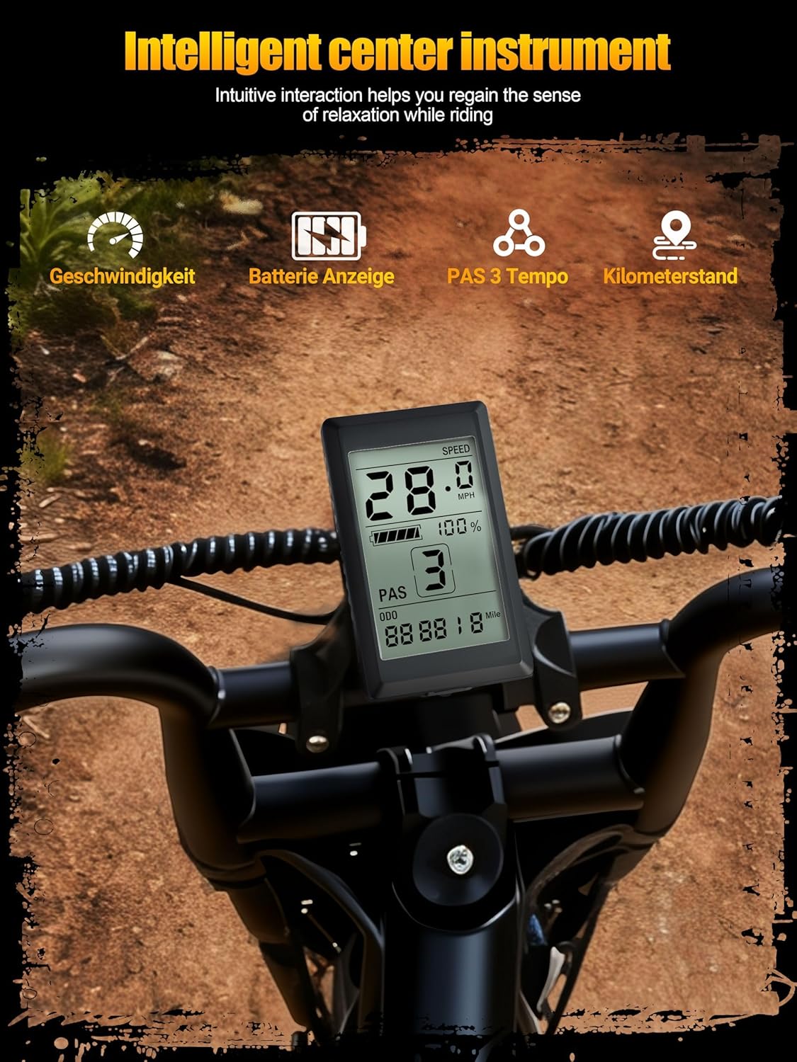 Close-up of the ESKUTE V100 electric bike's digital display showing speed, battery level, and pedal assist level.