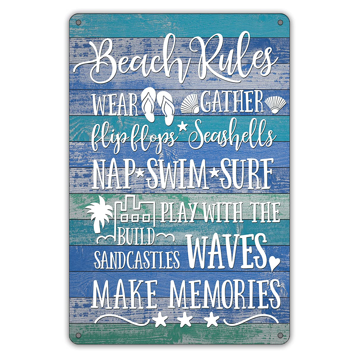 QIONGQIFunny Beach Rules Metal Tin Sign Wall Décor Farmhouse Rustic Sign for Home Beach House Bathroom Decor(Wooden Style)