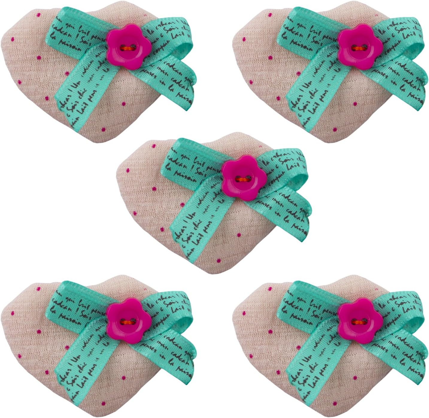 HAND H1007 Soft Padded Lilac Pink Pretty Polka Dot Decorative Heart Bow and Flower Fabric Embellishment Trims - Pack of 5