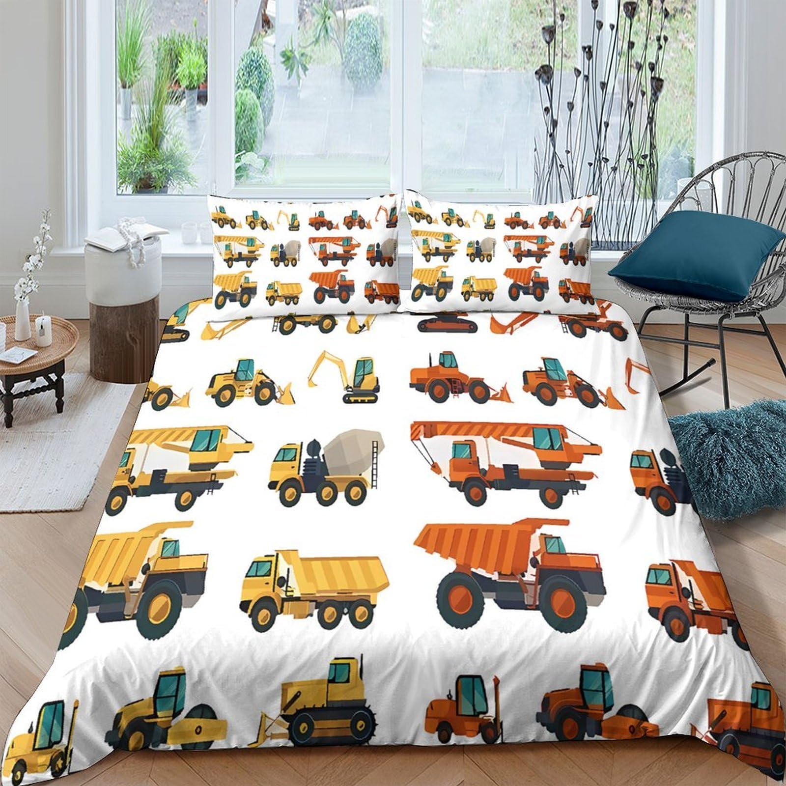 GPLZQXKJNH 3D Printed Construction Vehicles Duvet Cover Microfiber Soft Breathable Truck Bedding Set with 2 Pillowcases for Bedroom Decor Single（135x200cm）