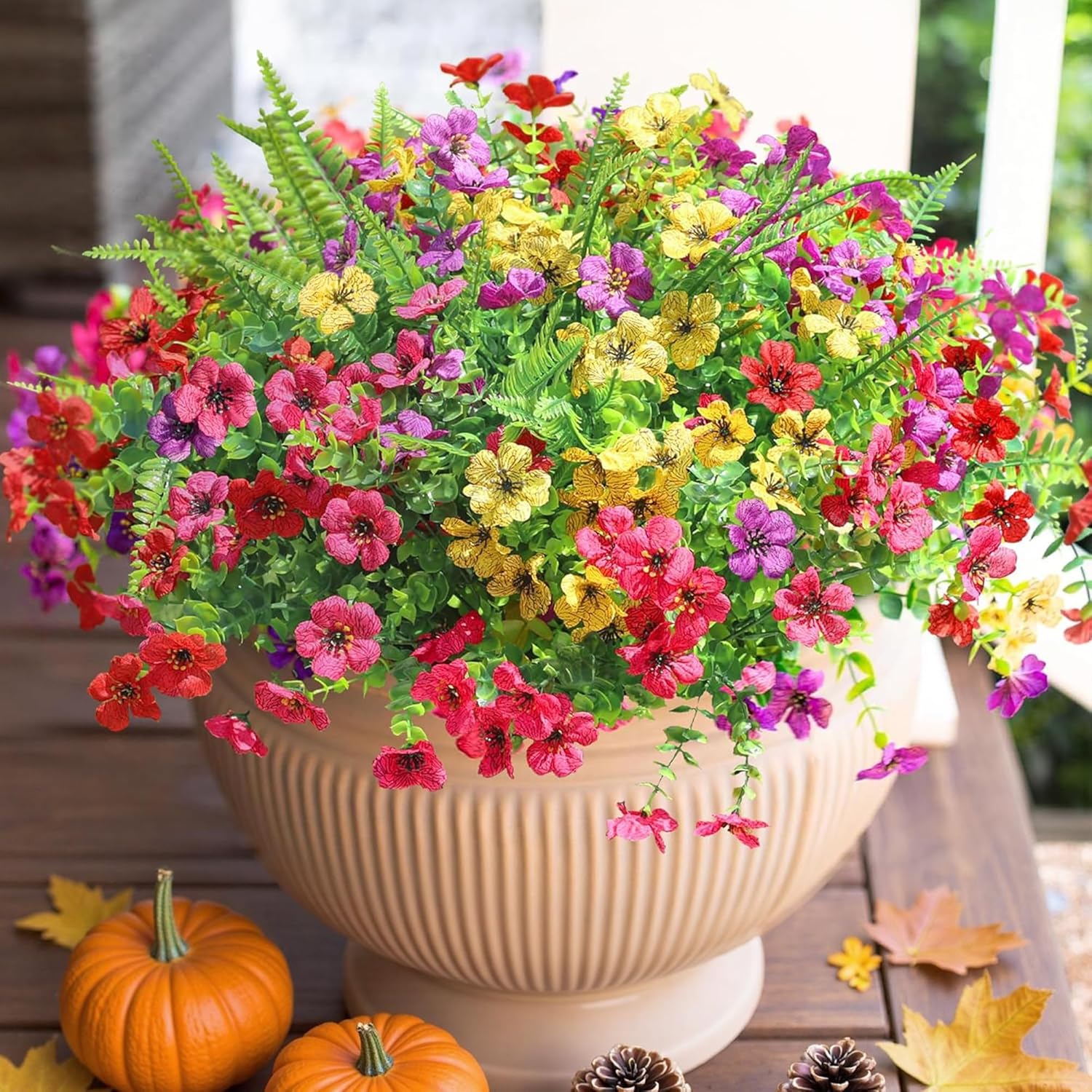 HyeFlora Artificial Faux Outdoor Flowers Plants for Summer Outside Decoration, 14 Bundles Fake Silk Colorful Daisy Ferns UV Resistant Realistic for Front Door Porch Planter Patio Yard - Image 8