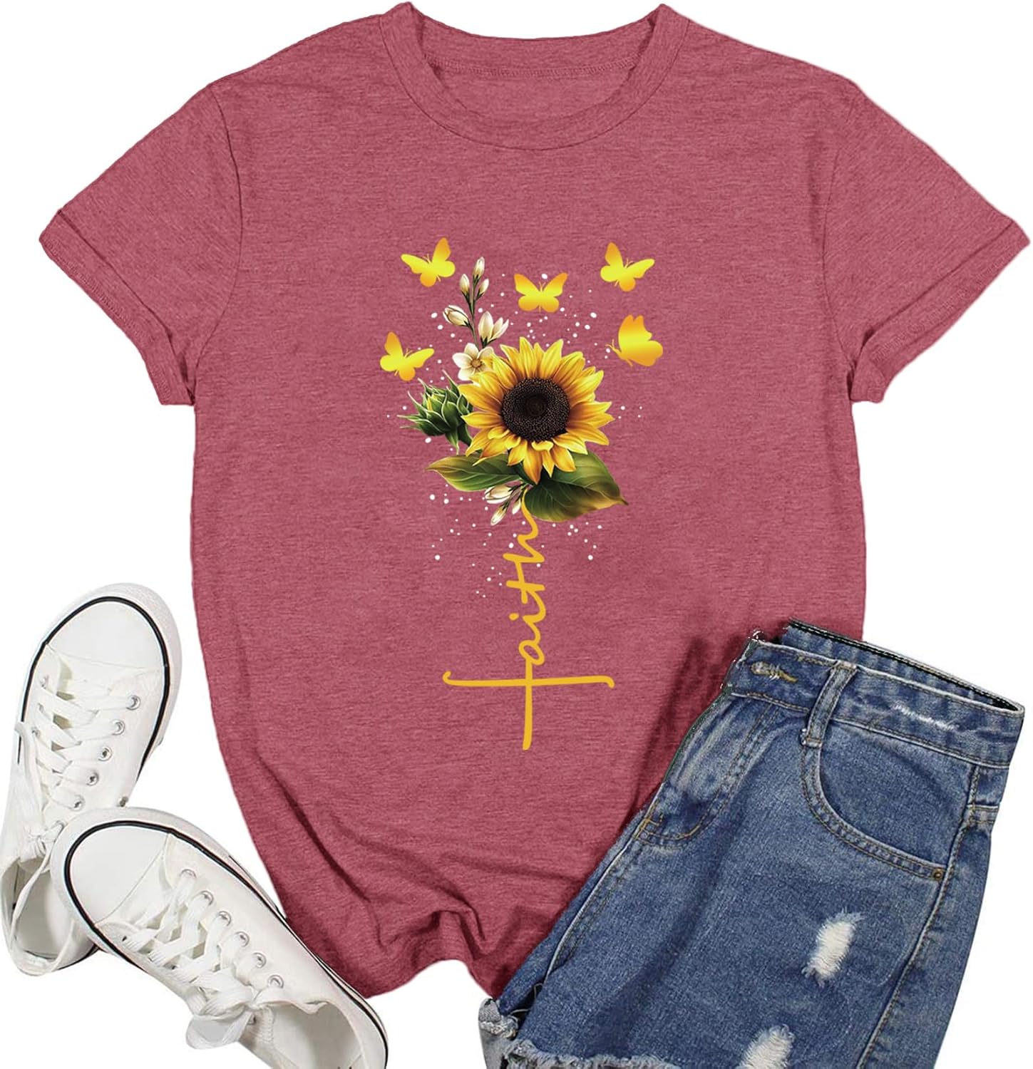 Womens Christian Shirts Faith Cross Sunflower Butterfly T-Shirt Bible Verse Religious Tee Tops
