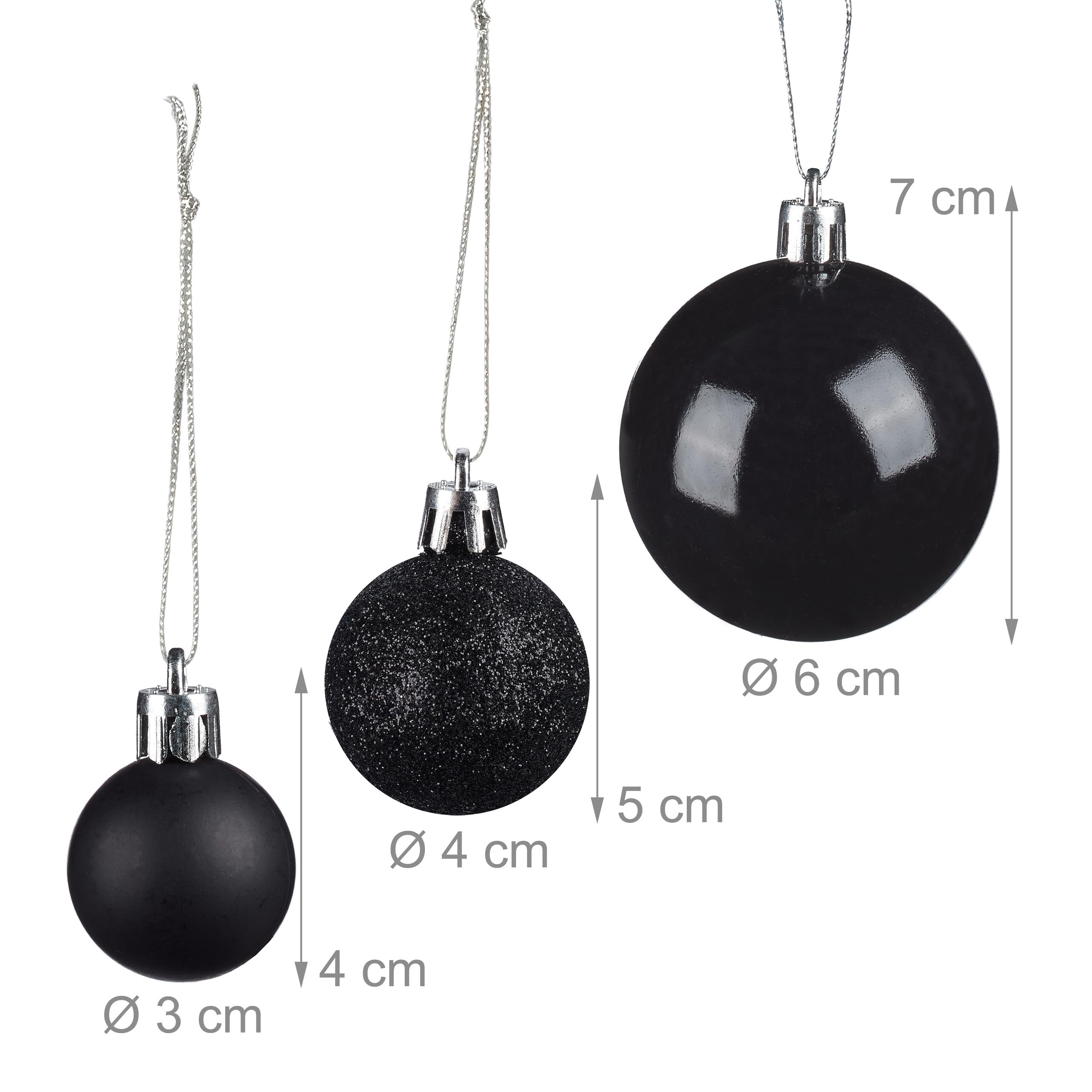 Relaxdays Palline di Natale, Set 76 Palle Albero, Addobbi Natalizi, Sfere in Plastica Opache, Lucide e Glitter, Nero
