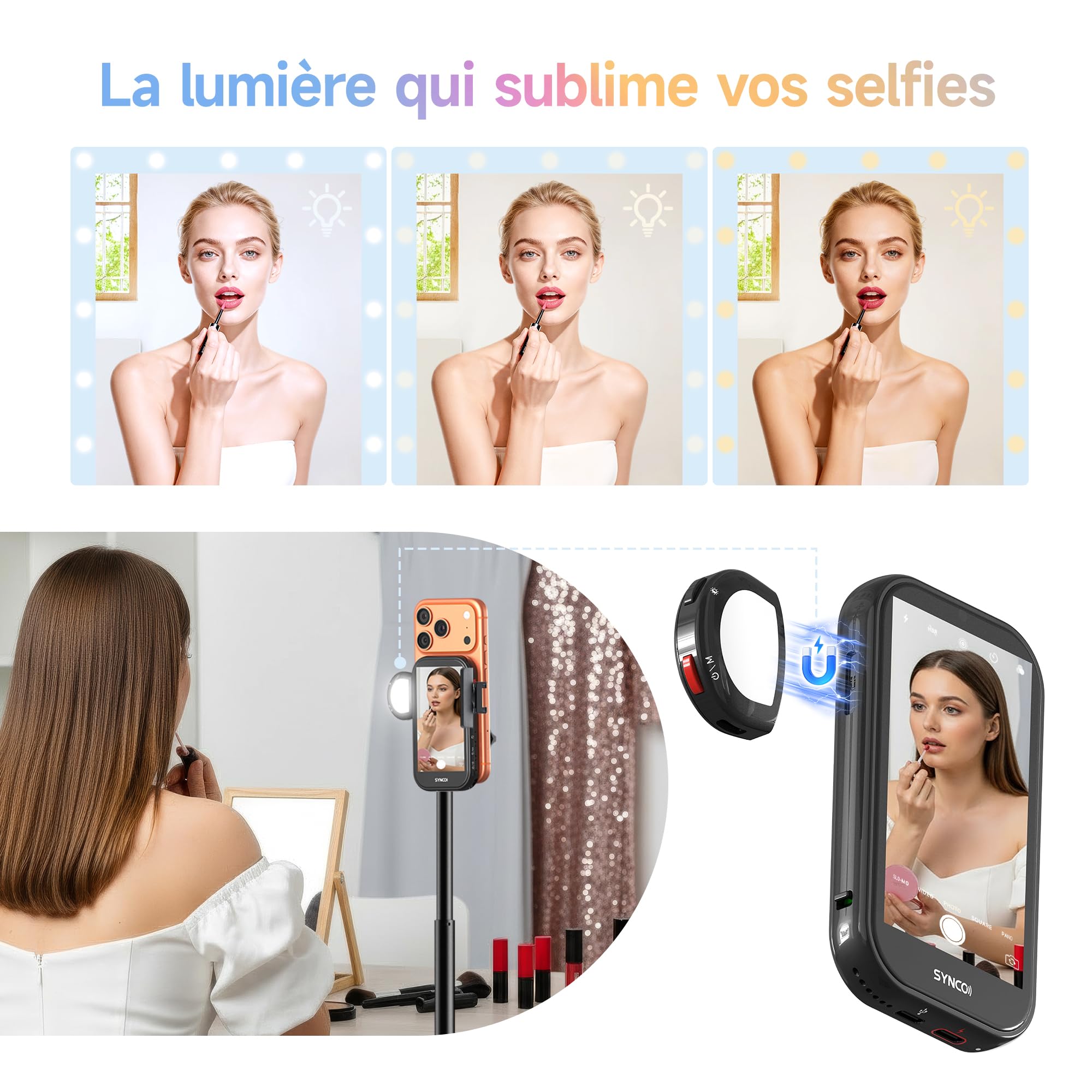 SYNCO XView M4 AI Moniteur Écran Selfie avec Lumière Magnétique pour iPhone et Android, Gesture Control, 4K Zero Latency, Écran Retour Caméra Selfie, Batterie 3h, pour Youtube TikTok (Noir)