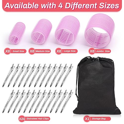 Miniatura 9 de Juego de rizadores de pelo con 24 rodillos (6 jumbo, 6 grandes, 6 medianos, 6 pequeños) y 24 clips para todas las longitudes de cabello (negro)