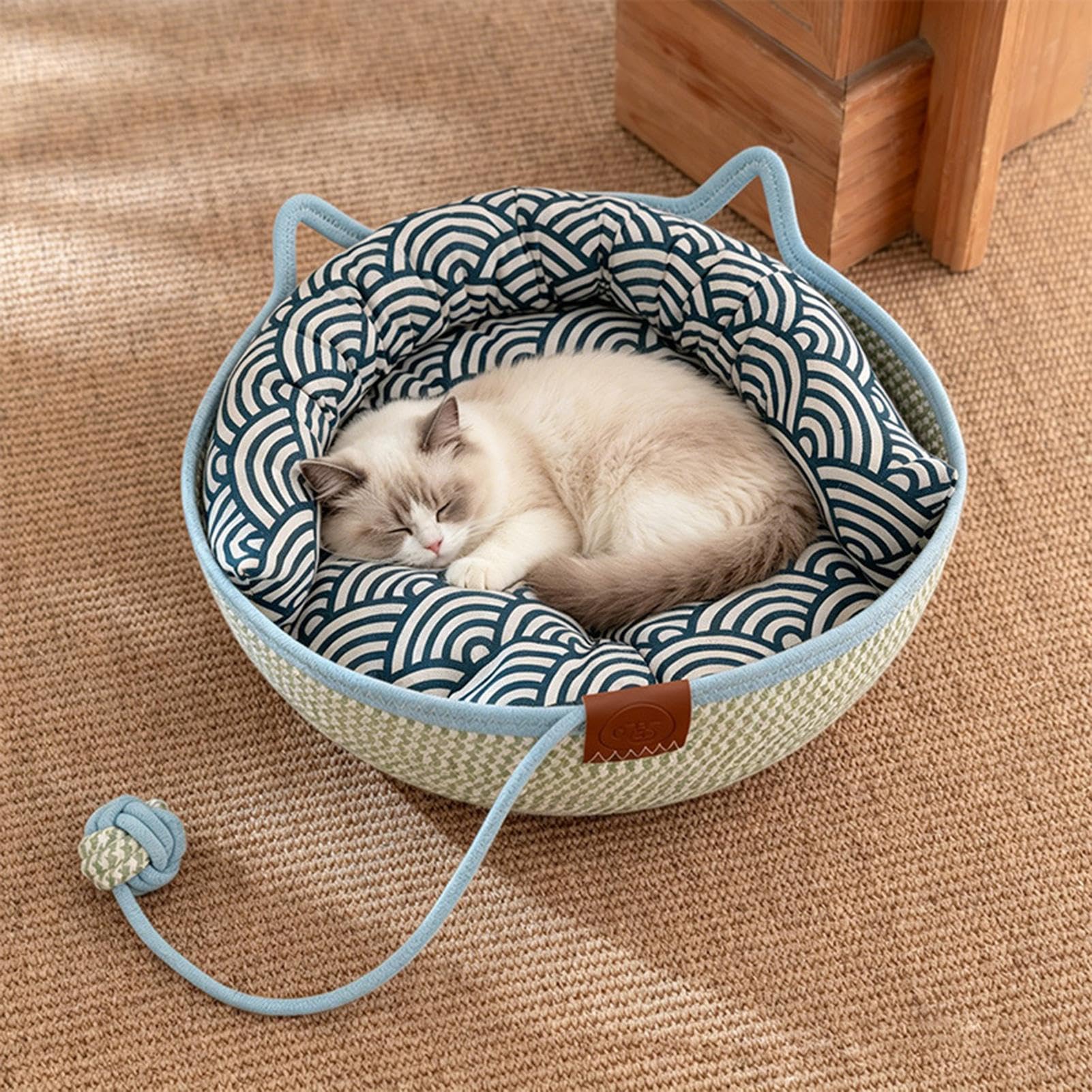 Bett für Katzen Handgewebter Korb aus Baumwollseil mit Spielzeugschwanz