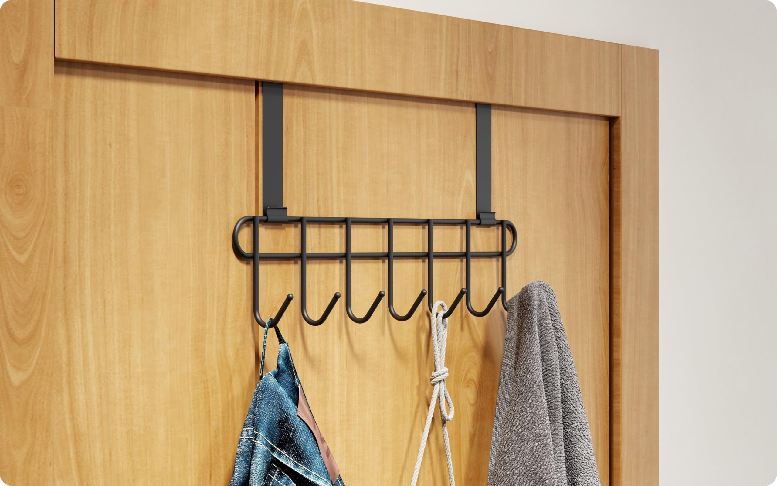 Amiraj Multi-Alloy Steel Over-The-Door Hook Hanger Rack | No Drilling Required, 7 Hooks for Bedroom, Bathroom & Kitchen Doors | Hanging Organizer, Black (Pack of 1)