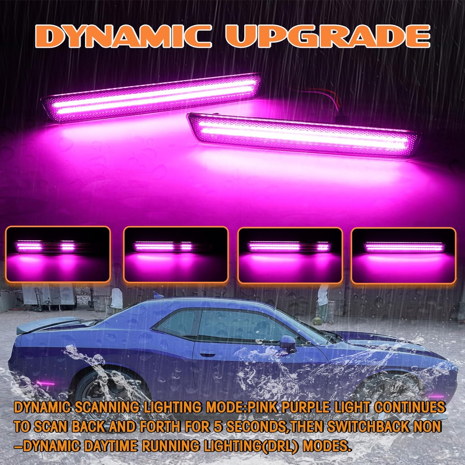 Dynamic Pink Purple Side Marker Lights for Dodge Challenger 2015 2016 2017 2018 2019 2020 2021 2022 2023, LED Bumper Marker Lamp Accessories, Smoked Lens Front Rear Fender Lamps 4PCS