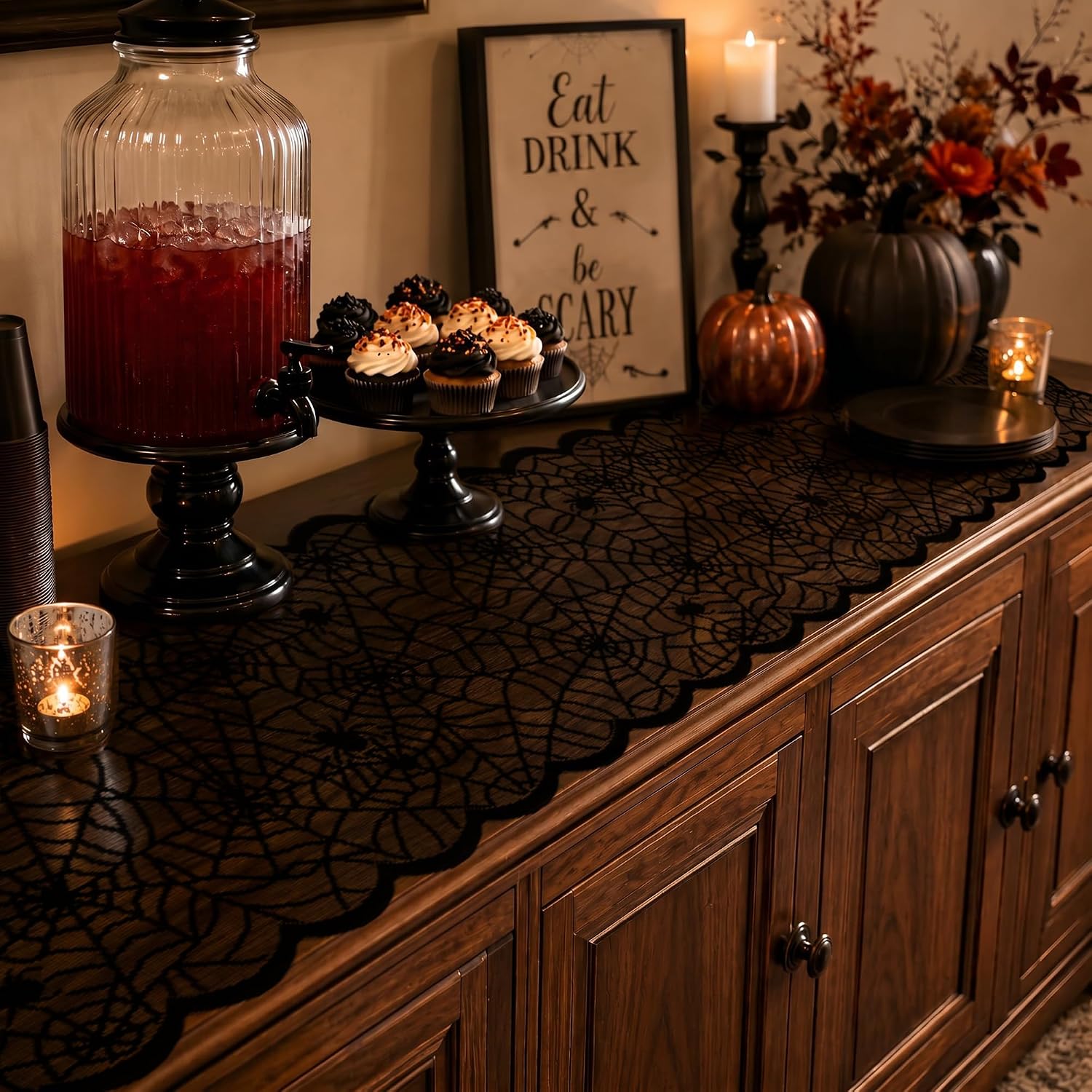 OWENIE Halloween Table Runner, Black Lace Spider Web Fall Table Runners