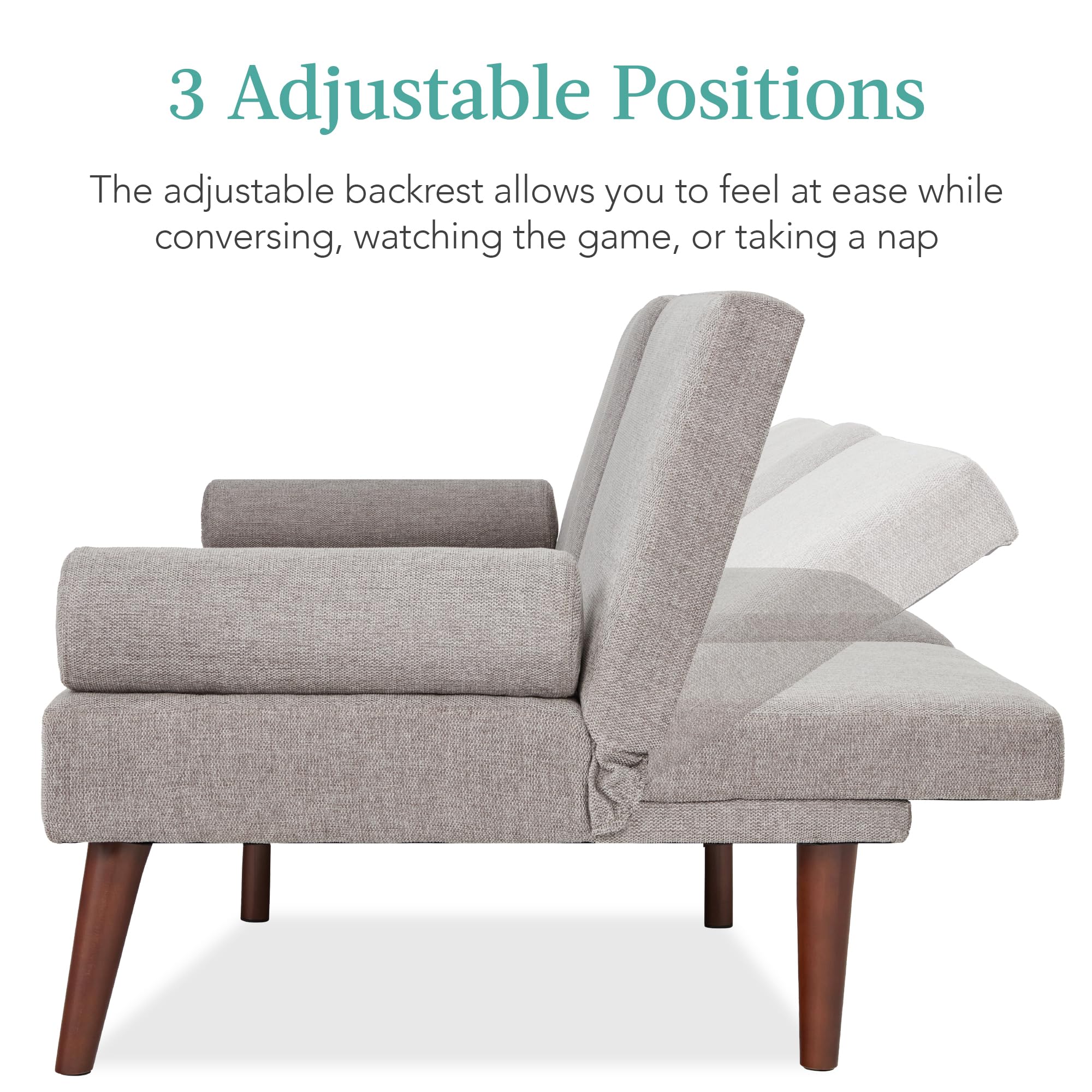 Best Choice Products Mid-Century Modern Upholstered Futon, Convertible Folding Sofa Bed, Small Couch w/Rounded Armrests, 2 Cupholders - Gray