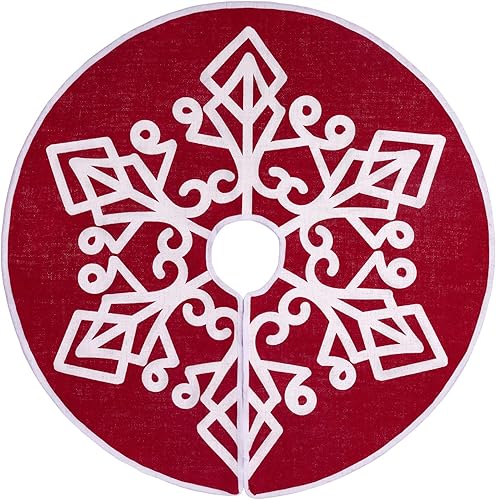 HOHOTIME Falda de árbol de Navidad de arpillera con estampado de copos de nieve blancos, tapete de falda de árbol rojo de 30 pulgadas para