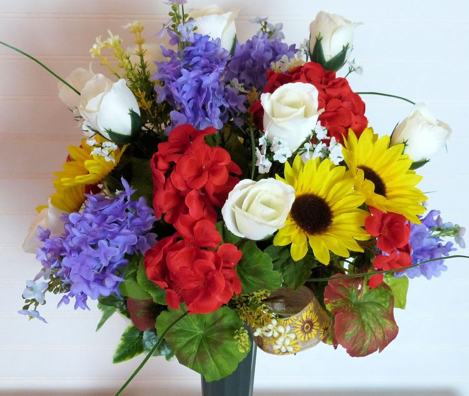 Silk Florals & Frills Cemetery Flowers with Red Geraniums, Cemetery Arrangement with Purple Lilacs, Summer Cemetery Vase Red Yellow 19 x 15 inches