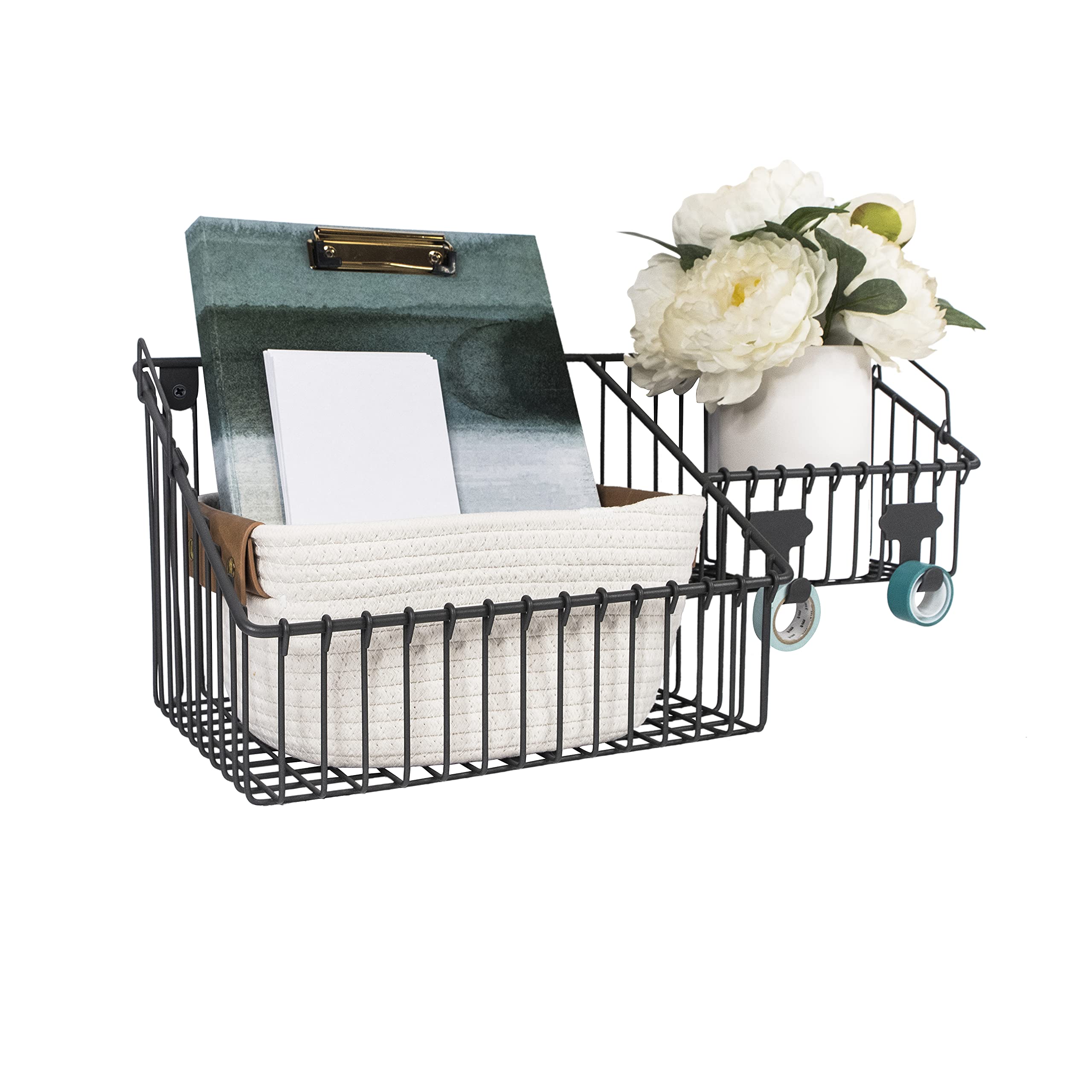 Spectrum Finley™ Wall Mount Double Storage Bin with Hook Station for Entryway Storage and Organization