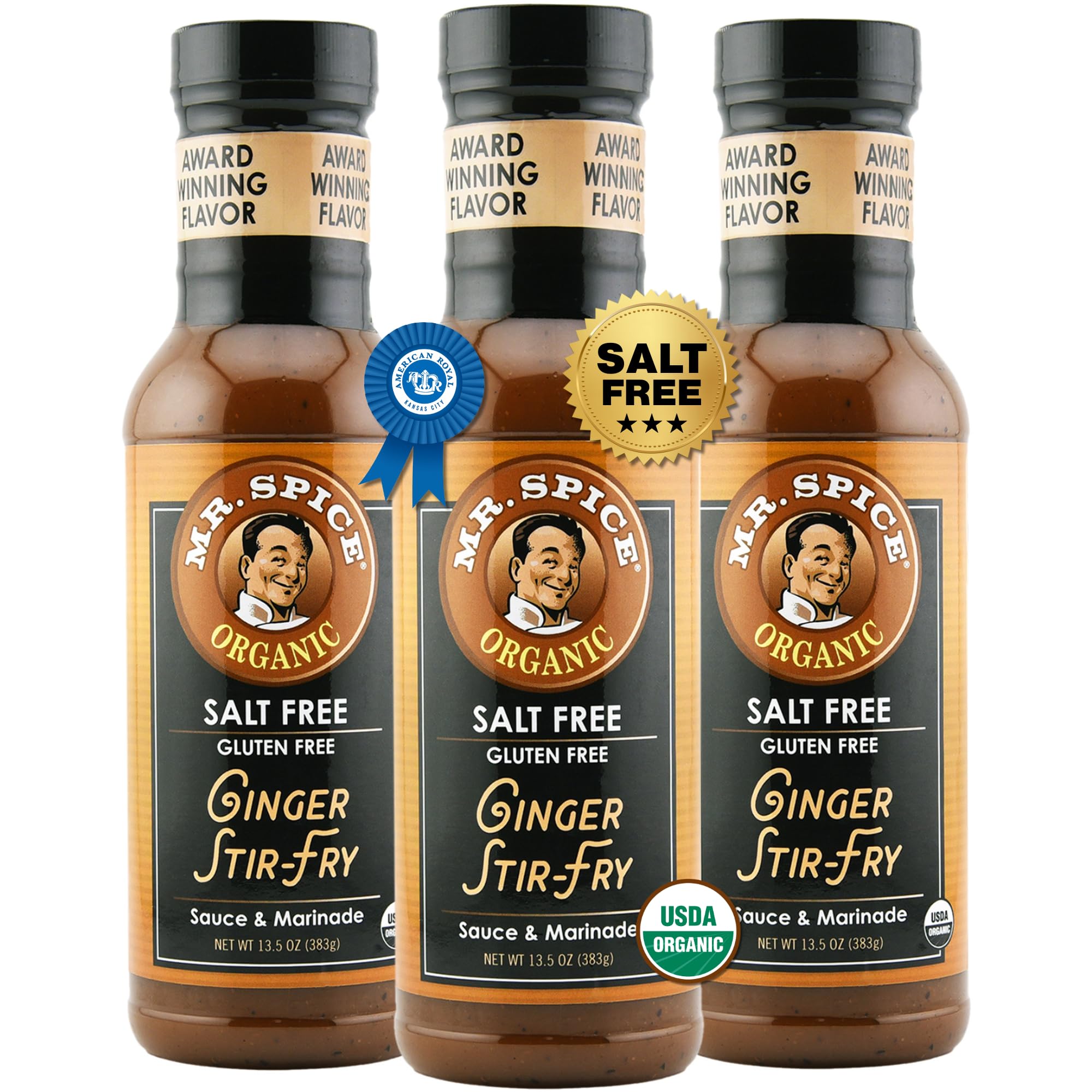 Mr. Spice Organic Ginger Stir Fry Sauce, Salt Free Stir Fry Sauce (0 mg/serving), Gluten Free, Low Sodium Sauces for Marinade, Wok & Air Fryer, No Salt Award-Winning Flavor, 13.5 Ounce (Pack of 3)