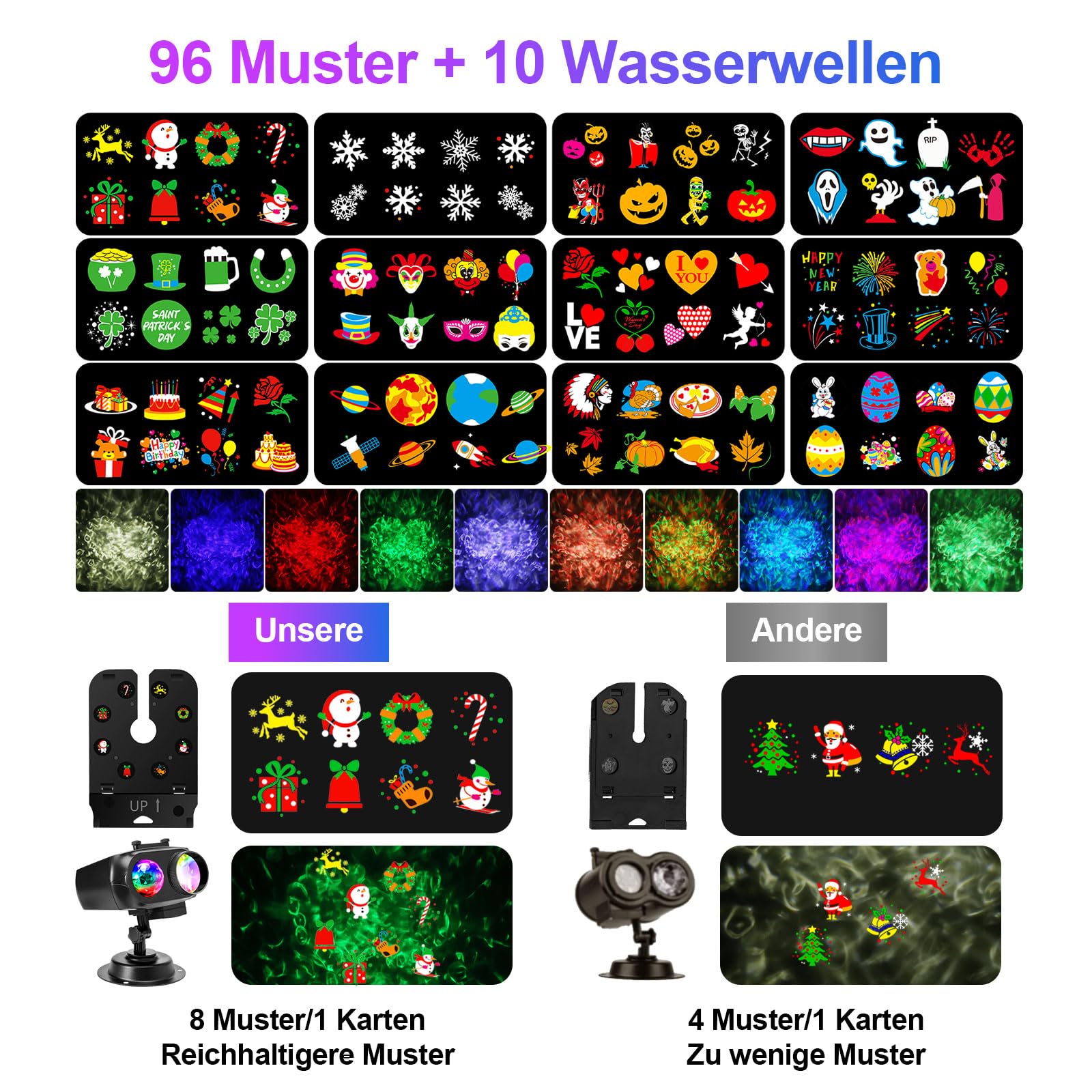 2024 Halloween Weihnachten Projektor Christmas Projector für Außen Innen LED Projektionslampe IP44 Projektorlampe 12 Folien 96 Muster 10 Welleneffekt für Weihnacht Allerheiligen Party Fest