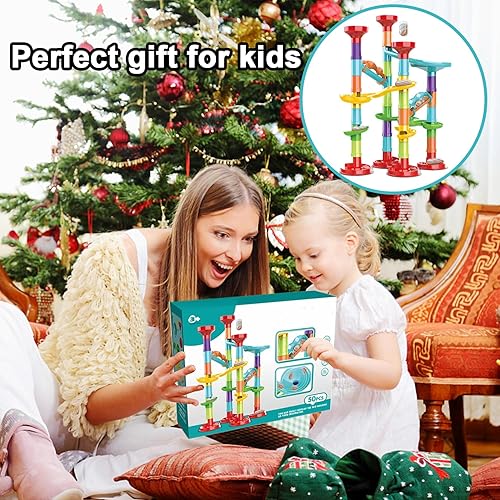 Miniatura 7 de Juego de 50 piezas de mármol de alta calidad, juguete educativo de bloques de construcción STEM, juego de carreras de pista de mármol con 15 canicas