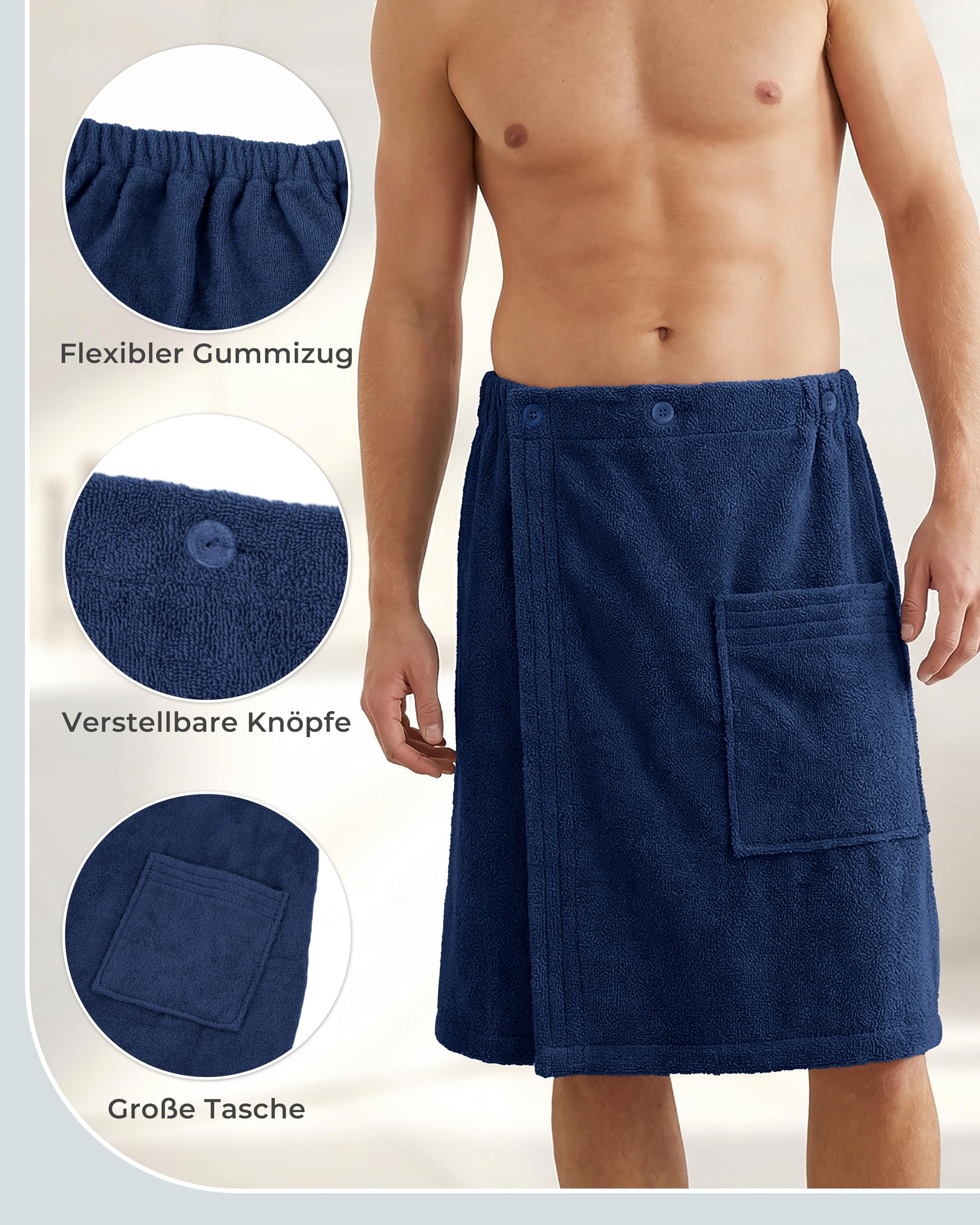 LAYNENBURG Męski kilt do sauny premium z zapięciem na guziki – 100% bawełna – Öko-Tex 100 – męski ręcznik do sauny – frotte, gumowy ściągacz do wellness, spa i sauny (M-XL ciemnoniebieski)