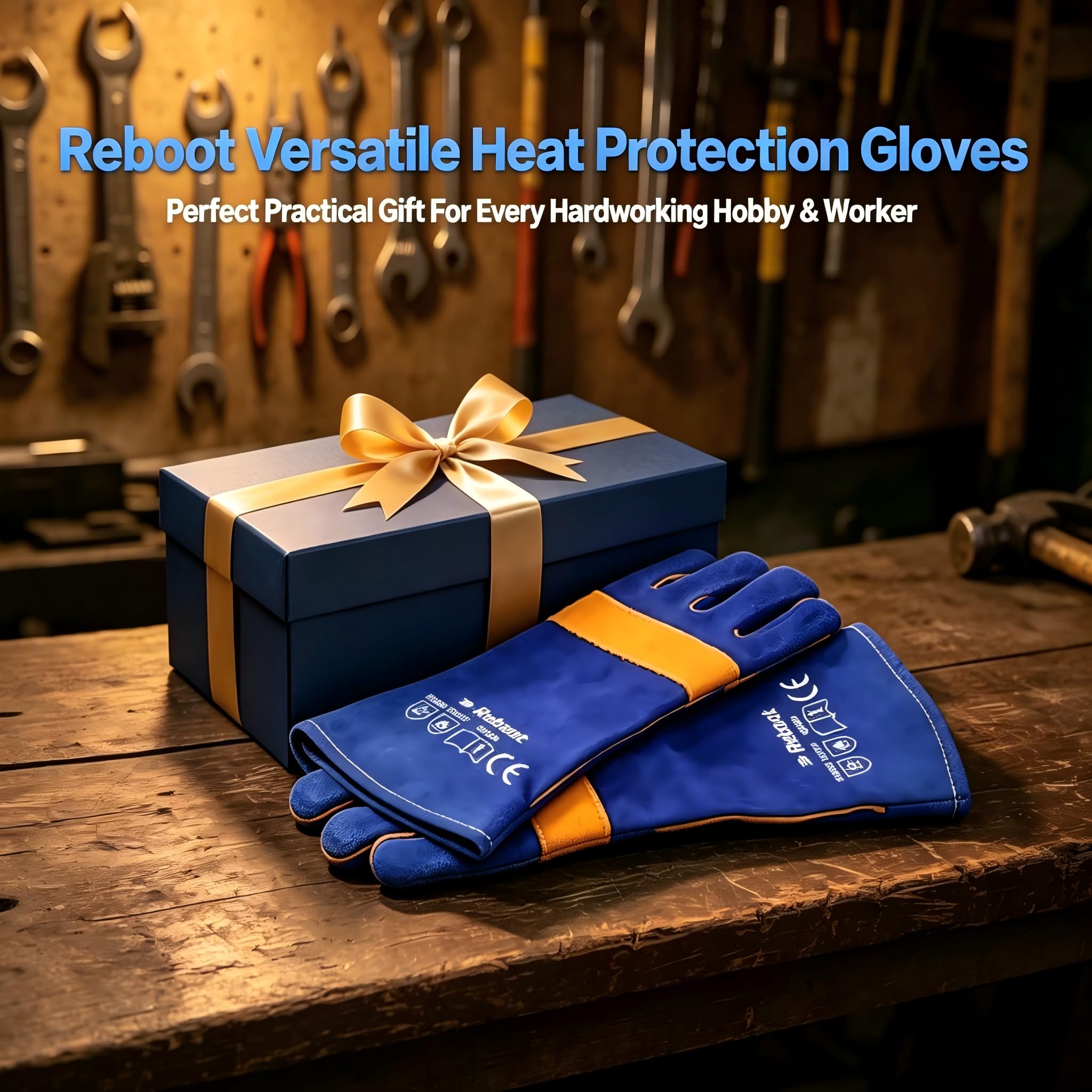 Reboot Guantes de Soldadura, Cuero Resistente 500°C, Protección Antebrazo 38 cm, Costuras Dobles Reforzadas para MIG TIG Electrodo Barbacoa Forja – Azul