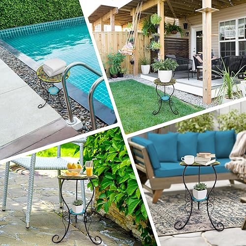 Miniatura 7 de Mesa auxiliar al aire libre, mesa redonda pequeña para patio, mesa auxiliar interior para patio, jardín, sala de estar, bistró balcón o césped,