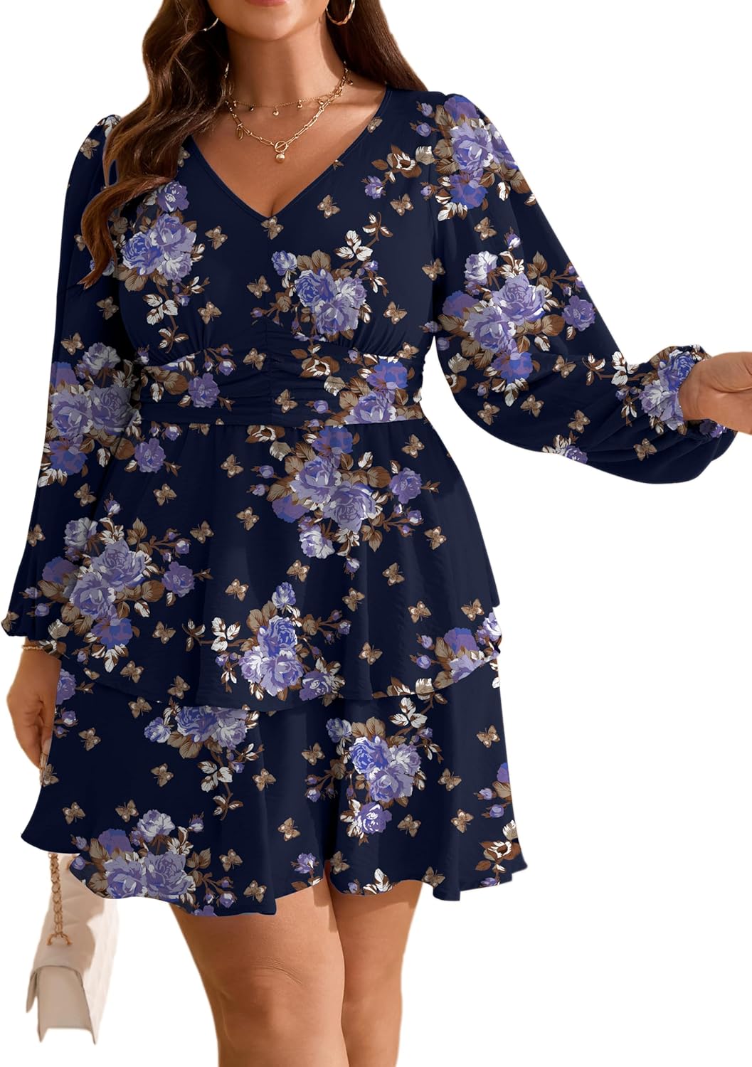 RWJ Plus Size Dresses for Curvy Women V Neck Long Sleeve Elastic Waist Fall Wedding Guest Layer Casual Mini Dress
