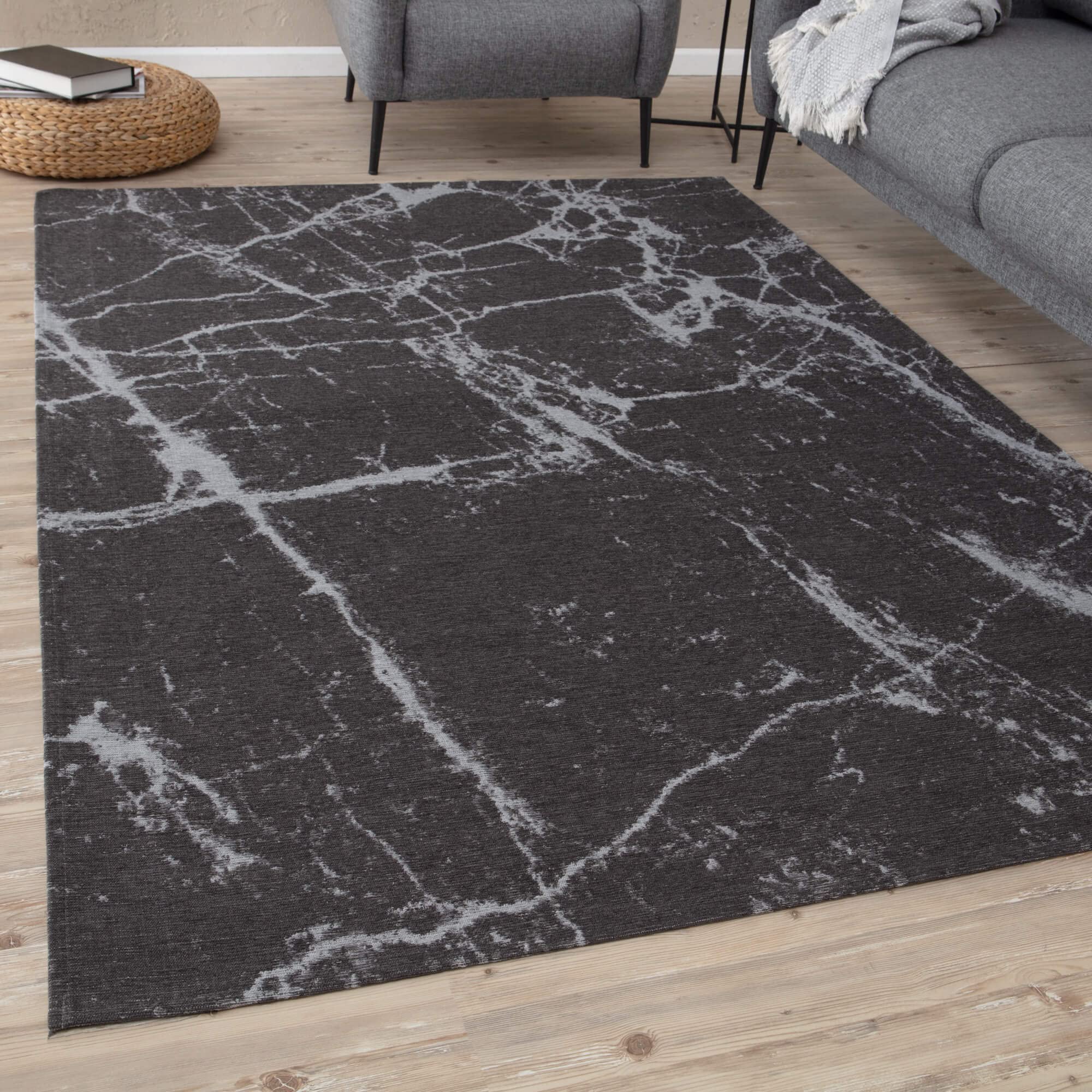 THE RUGS Machine Washable Rug – Abstract Design Rugs for Living Room, Bedroom, Hallway, Flat-weave Area Rugs, (Dark Grey, 200x290 cm)