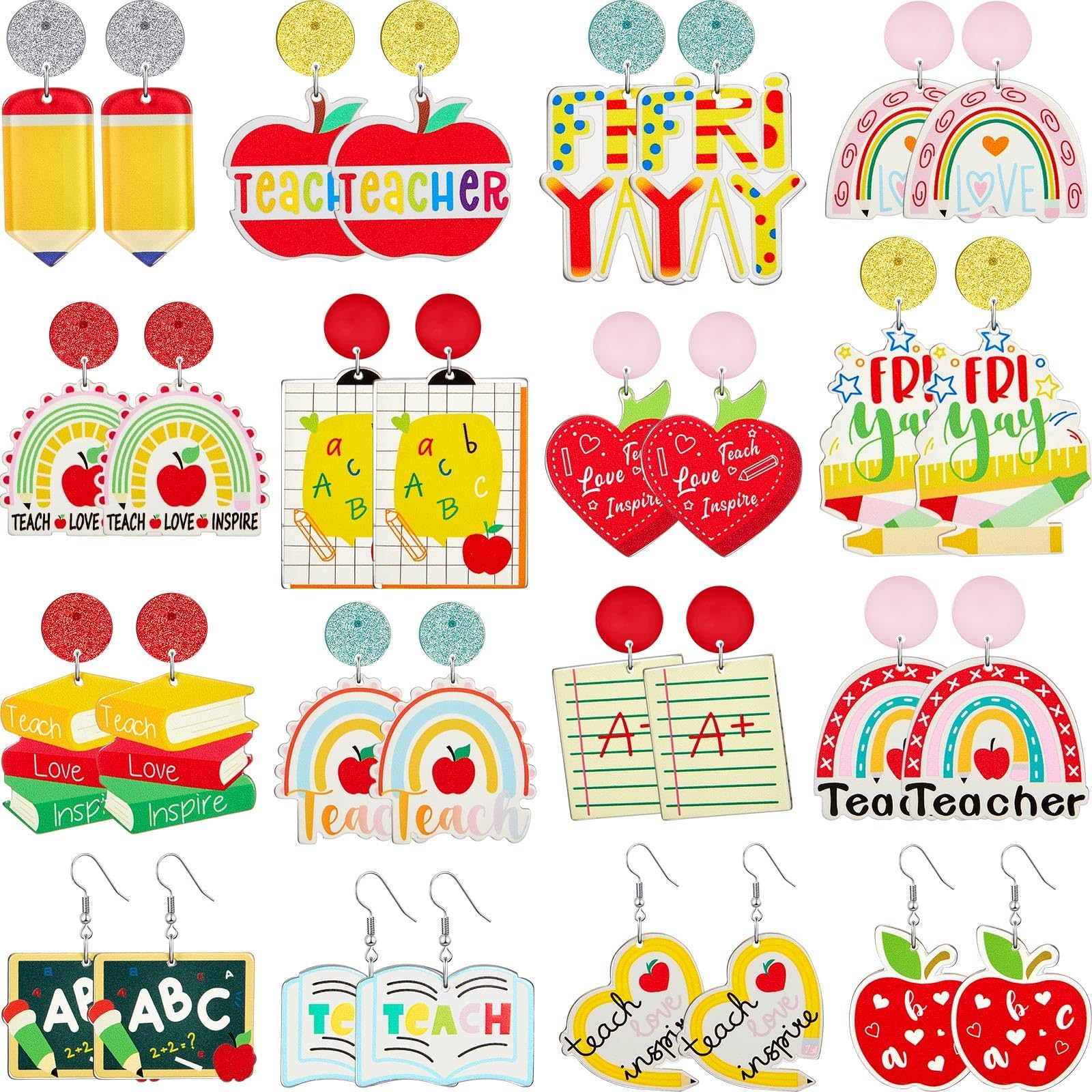 Loetere16 Pairs Glitter Acrylic Teacher Earrings Back to School Teacher Gifts Bulk for Women Fun Rainbow Apple Book Pencil Studs Dangle Earrings Set Appreciation Gifts