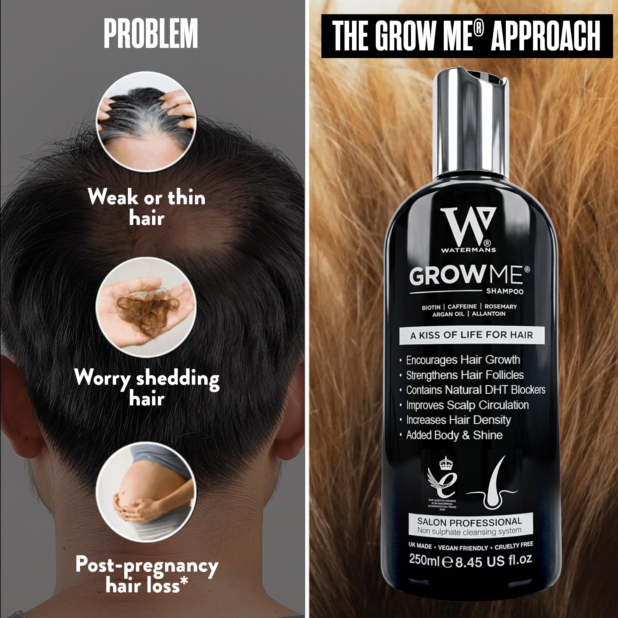 Watermans Meilleur shampooing de croissance capillaire sans sulfate, caféine, biotine, huile d'argan, allantoïne, romarin. Stimule la re-croissance des cheveux, aide à arrêter la perte de cheveux