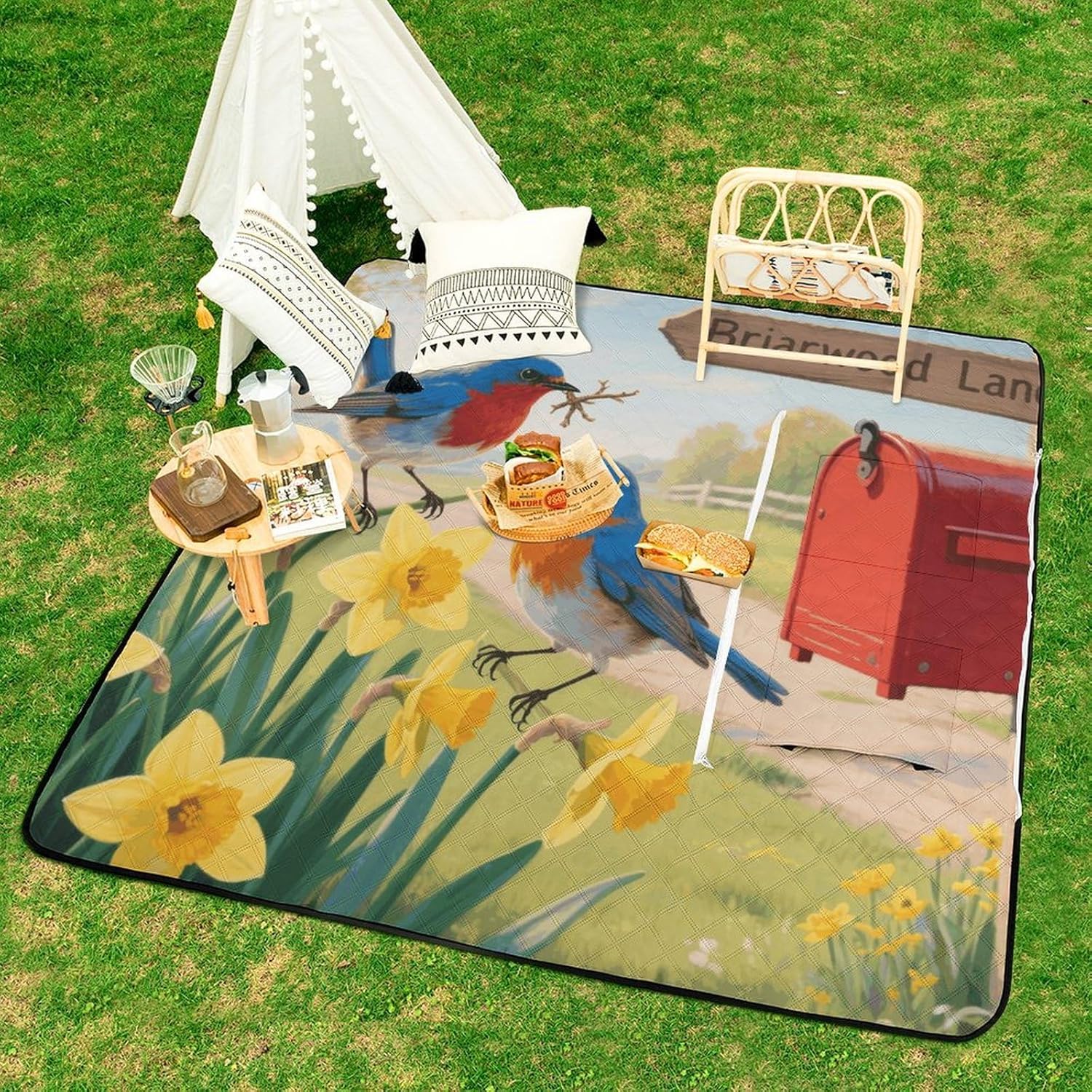 Bluebirds and Daffodils Picnic Blanket 150x150cm, Foldable 2-in-1 Picnic Mat and Tote Bag Portable Waterproof Beach Mat Sandproof Outdoor Blanket for Park, Hiking, Beach, Camping, Travel
