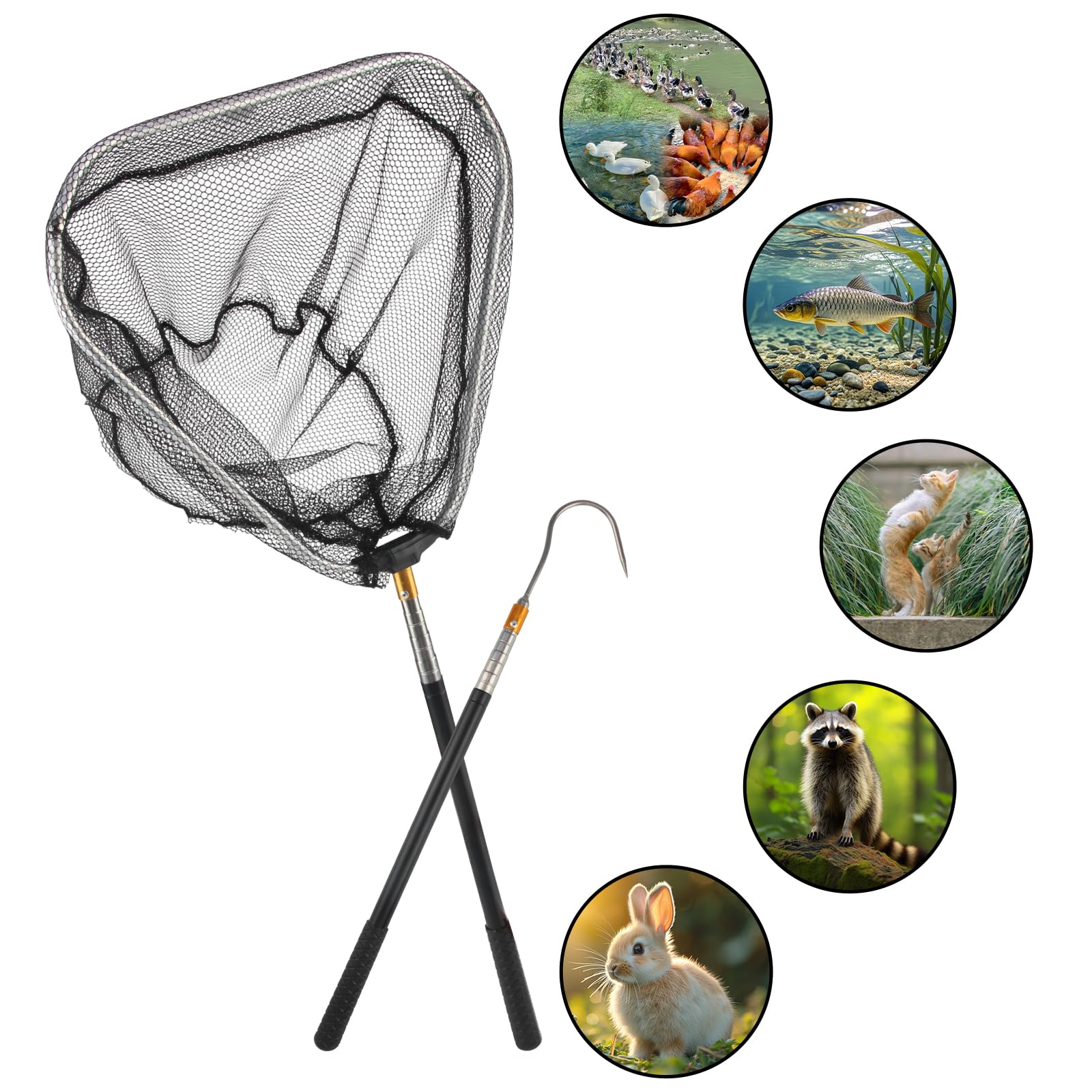 3 Pièces Attrape Poulet Extensible Filet de Volaille Amovible | Epuisette Peche, Avec Crochet en Acier Inoxydable, Filet Capture, Pour Animaux Dindes Oies Canards Oiseaux Petits et Poissons