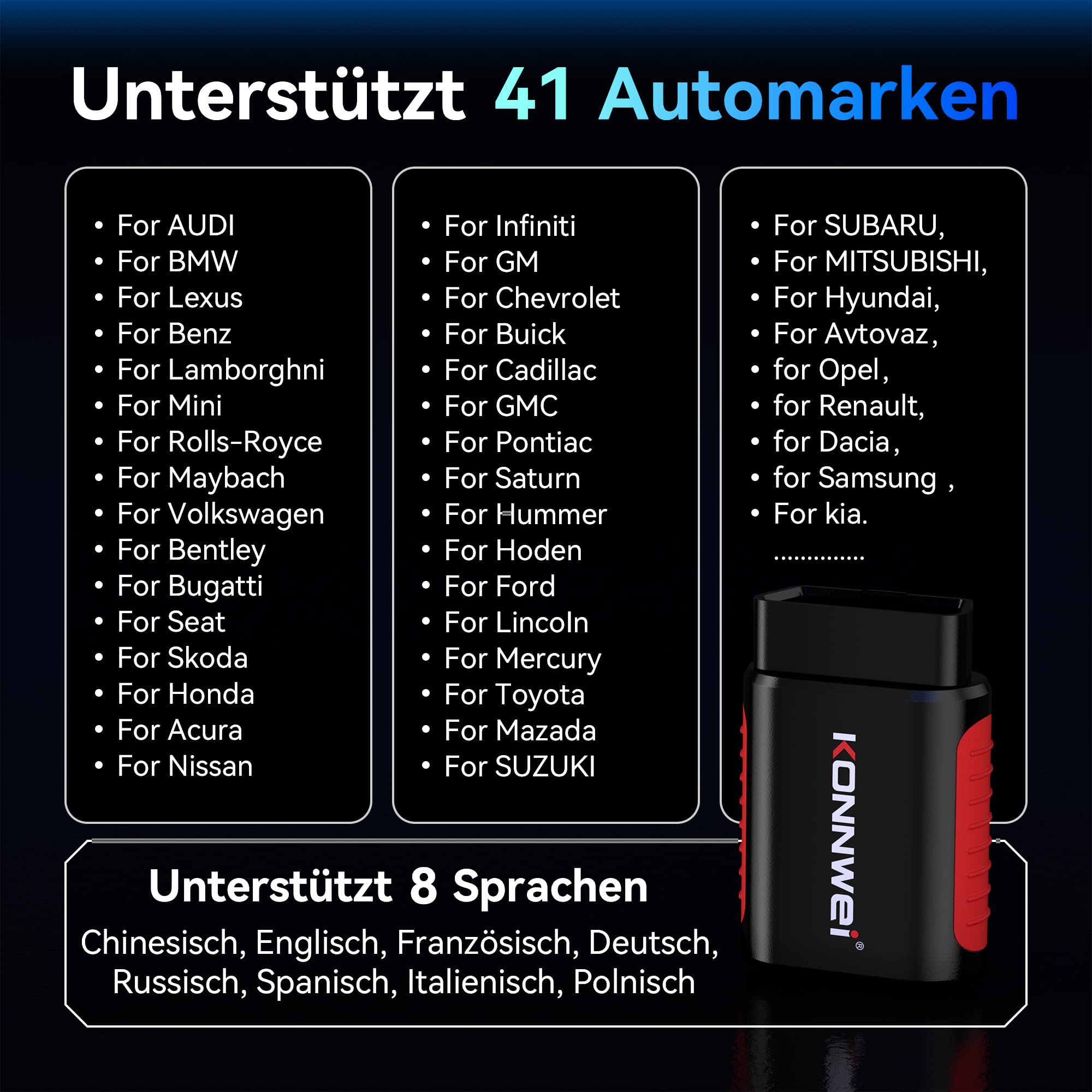 KONNWEI OBD2 diagnosegerät Auto, OBD2 Bluetooth 5.2 Adapter für iOS & Android mit Vollständige Systemdiagnose und 5 Servicefunktionen, Kein Abonnement Erforderlich