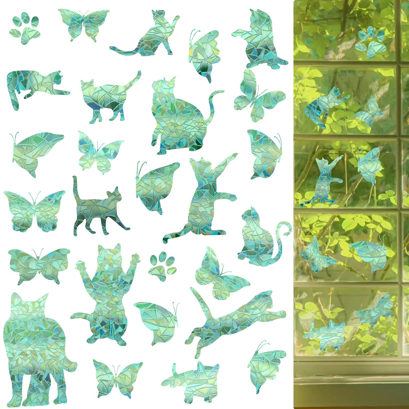 BEEFLYING 7pcs Window Decals for Bird Strikes Window Clings Stickers Prevent Birds from Colliding with Glass Doors Windows (Cat Butterfly)