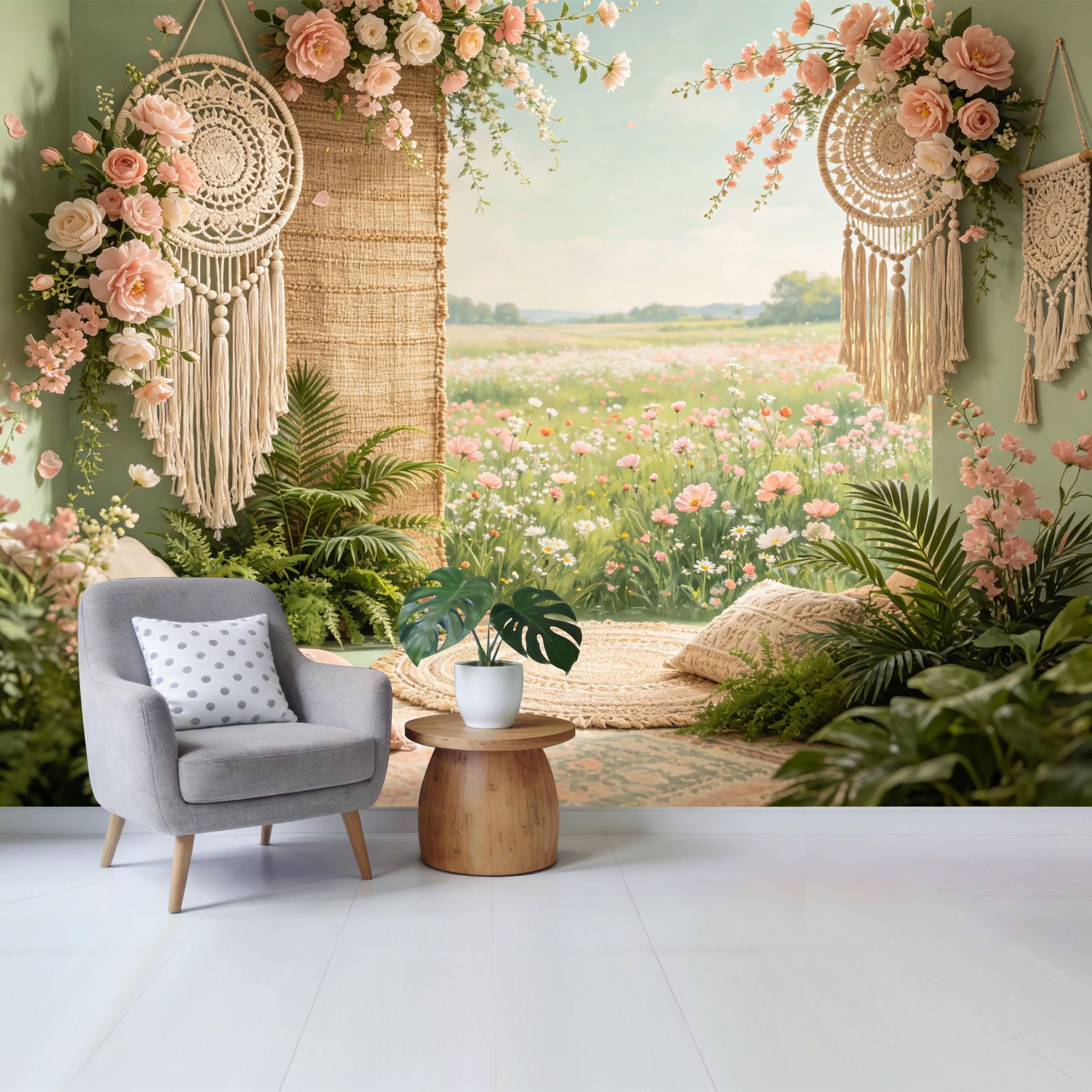 Qzlithotic Yq2605250445 Custom Size Wall Mural Bohemian Flower Meadow Macrame Dreamcatcher Botanical Landscape Selfadhesive Wall Fabric Removable Wallpaper For Home Office Decor