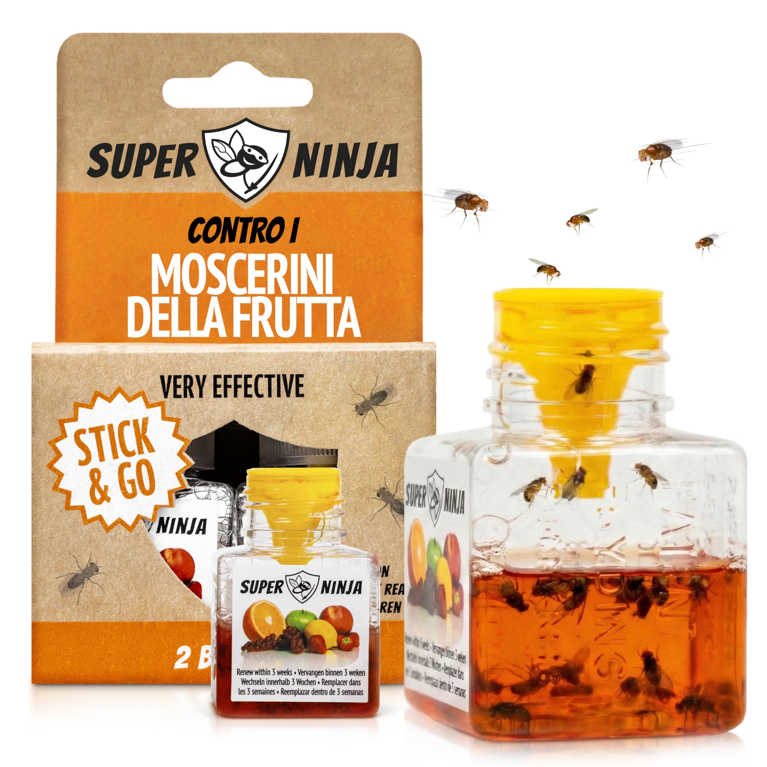 Super Ninja Trappola Moscerini Frutta per Interni - 2 Pezzi, trappola per moscerini della frutta efficace per casa e cucina, attiva fino a 3 settimane, adatta a bambini e animali domestici