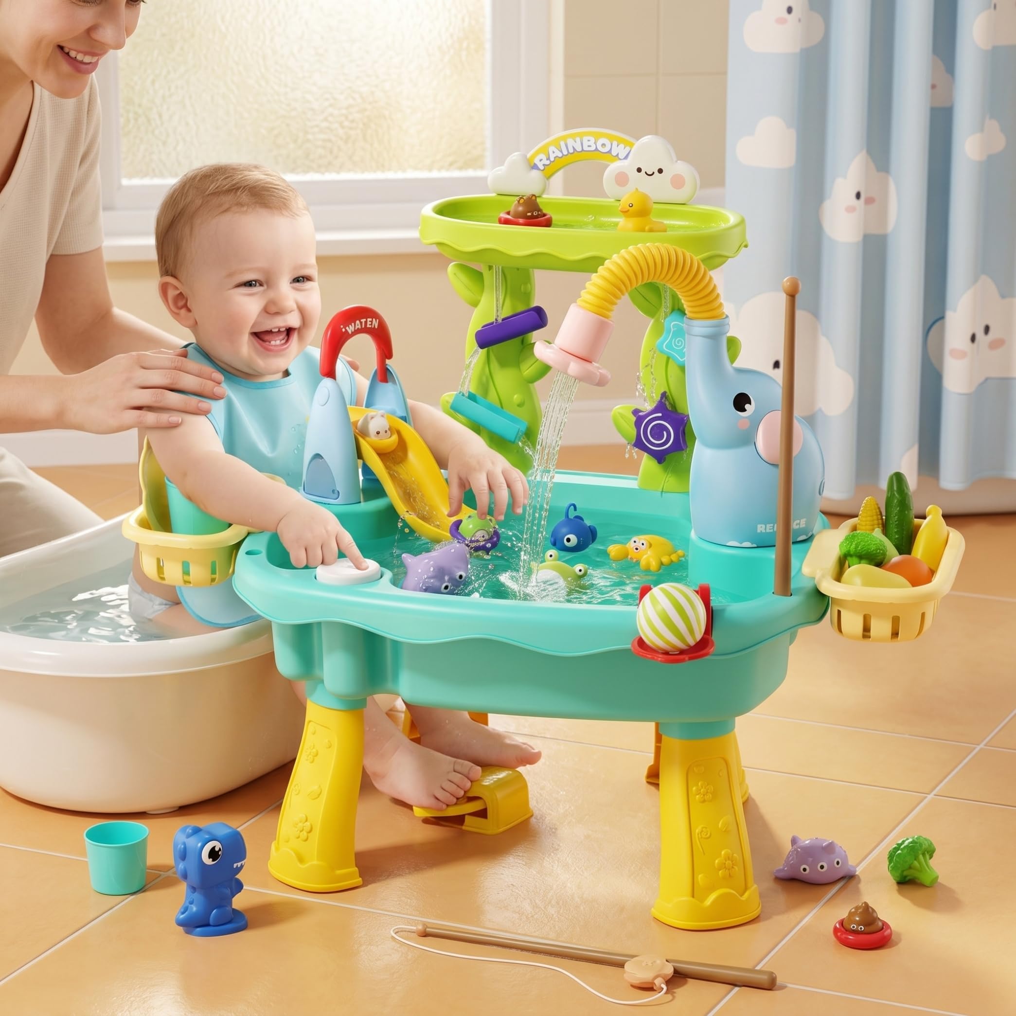 Mesa freática para niños, Juego de Mesa de Arena y Agua, 2, 6 en 1, Juguetes Azules para niños con tobogán de riego circulante, Pesca y Baloncesto.
