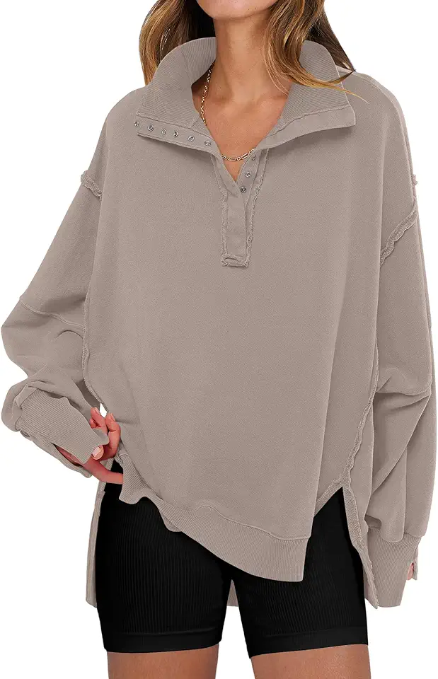 ANRABESS Women's Sweatshirts Oversized Casual Loose Button Up Henley Pullover Top High Low Split 2025 Fall Fashion Outfits