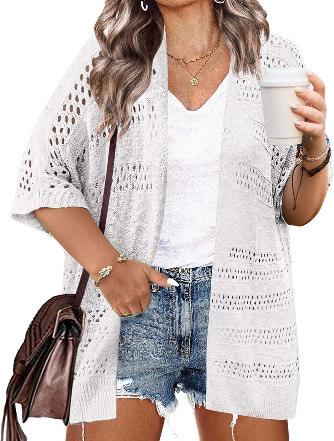 IN'VOLAND Plus Size Lightweight Crochet Cardigan for Women Short Sleeve Summer Kimonos Boho Open Front Knitted Cardigans