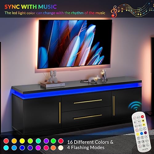 Miniatura 13 de BELLEZE Soporte de TV de 67 pulgadas para TV de hasta 75 pulgadas, moderno centro de entretenimiento con luces LED que cambia a la melodía de la