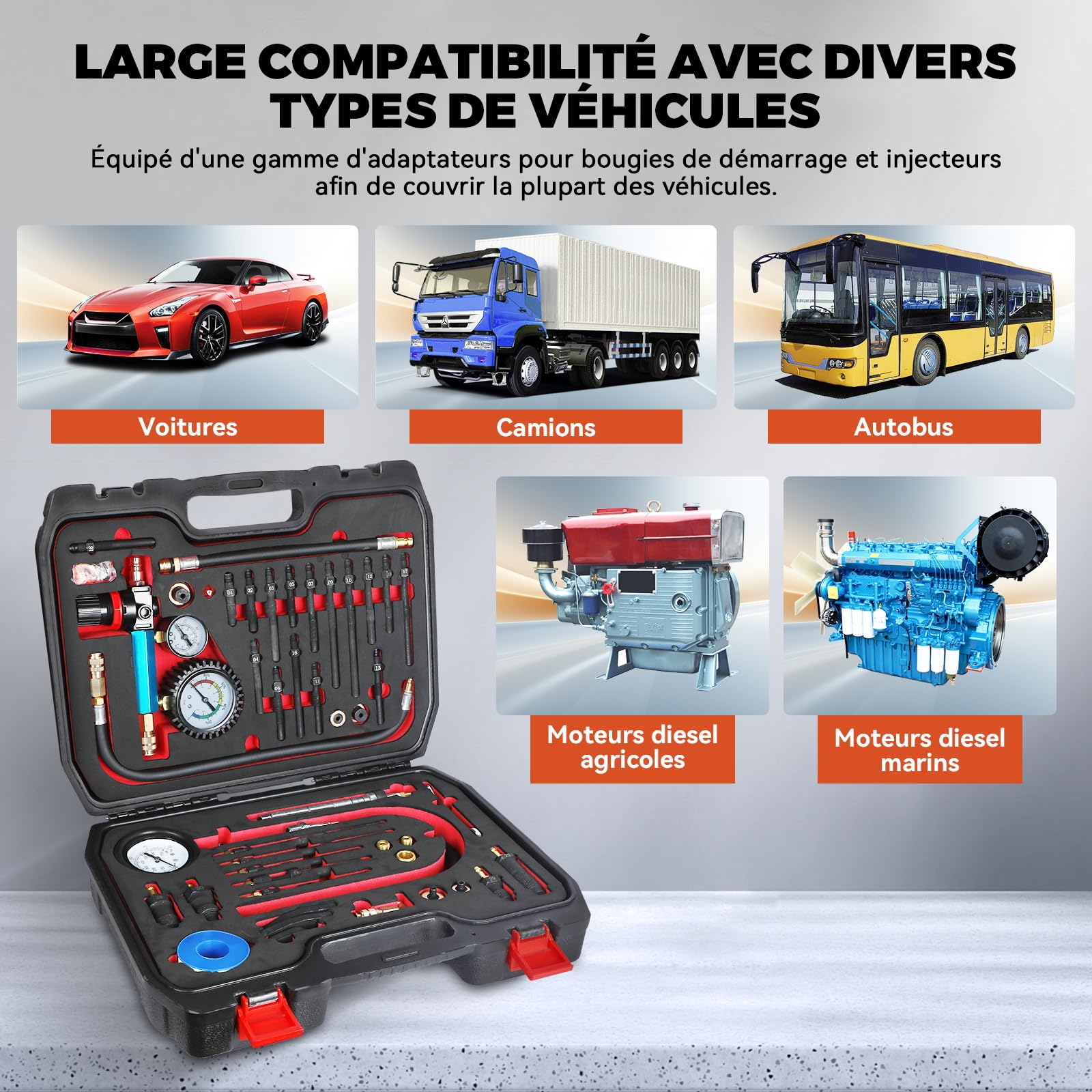 46PCS Testeur de Compression Professionnels pour Véhicules Automobiles Testeur de Perte de Pression des Moteurs Compatible Avec Les Moteurs Diesel et Essence