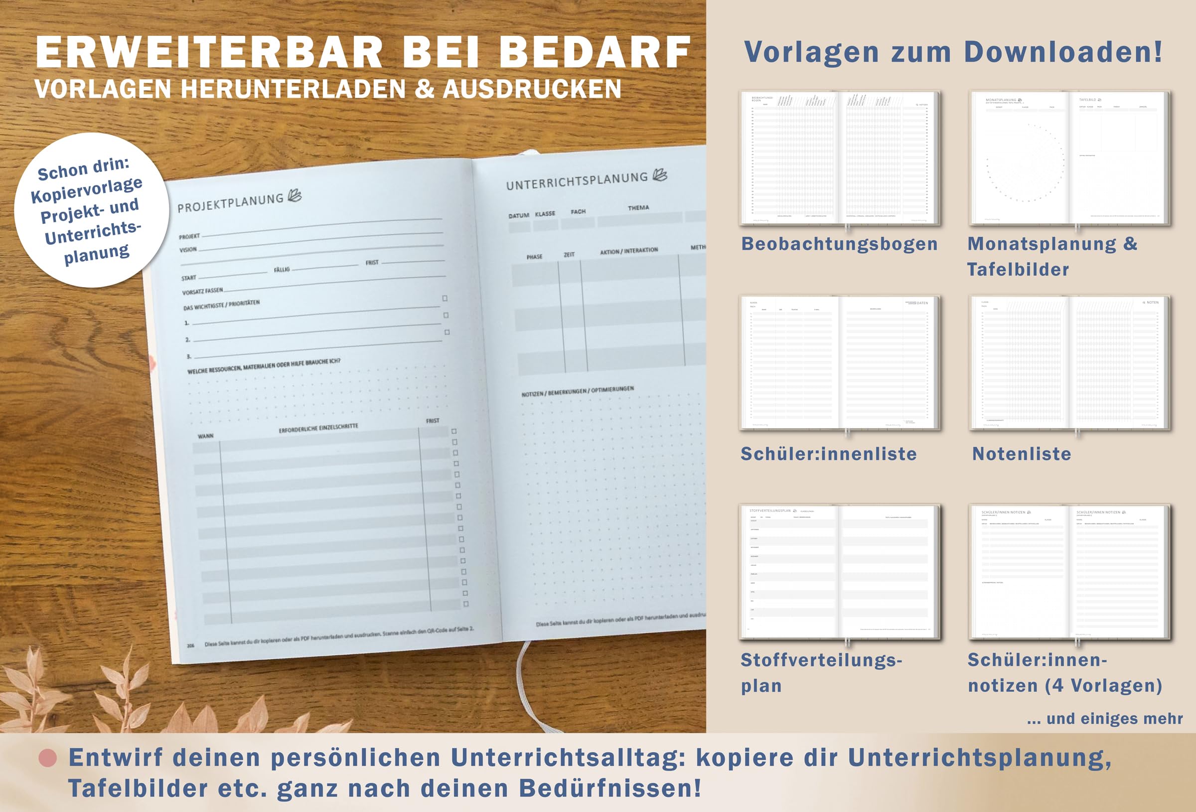 Eine der Guten Grundschulplaner 2026/2027 A5 Softcover – Lehrerkalender Grundschule 2026 2027 | Leseband, 6 Stunden, Beobachtungsbögen | nachhaltig, FSC-Papier, klimaneutral | Creme Blau Rosa Blumen