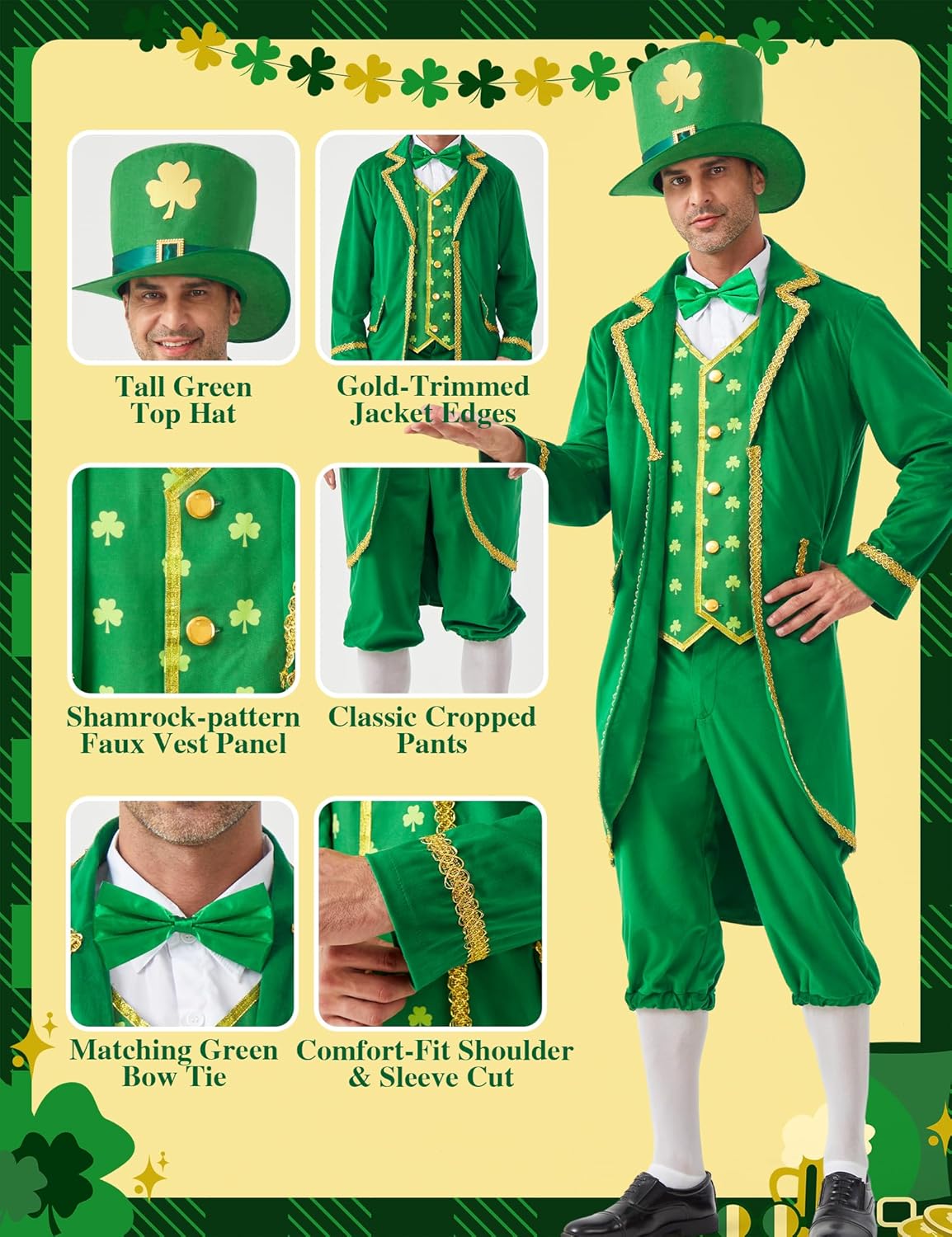 Leprechaun Costume Men 4PCS St Patricks Day Adult Green Lucky Charms Jacket Outfit Irish Festival Halloween Party - Image 5