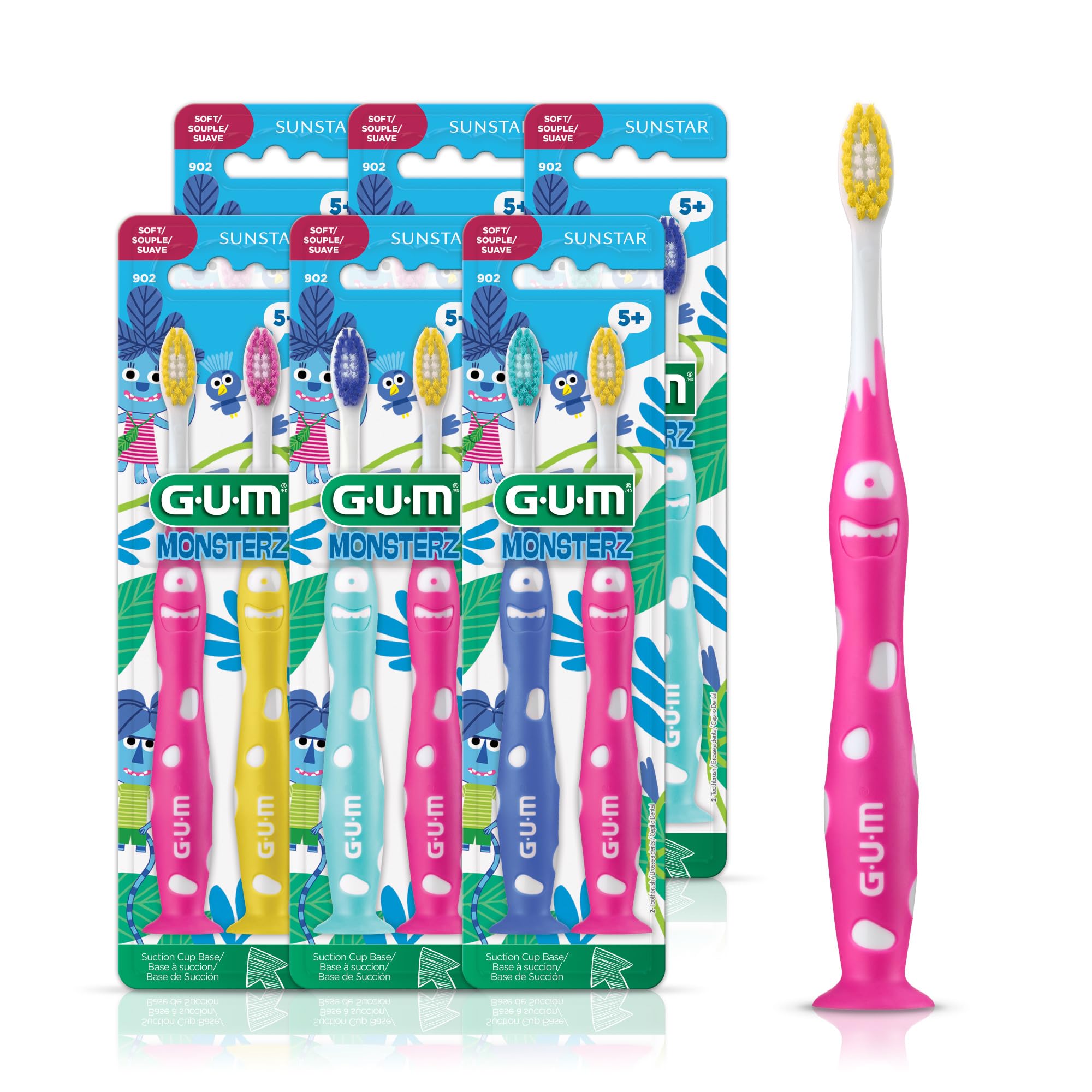 GUM Monsterz Jr Kids’ Toothbrush, Soft Bristled Children’s Toothbrush with Suction Cup, for Ages 5+, 2 Count(Pack of 6)
