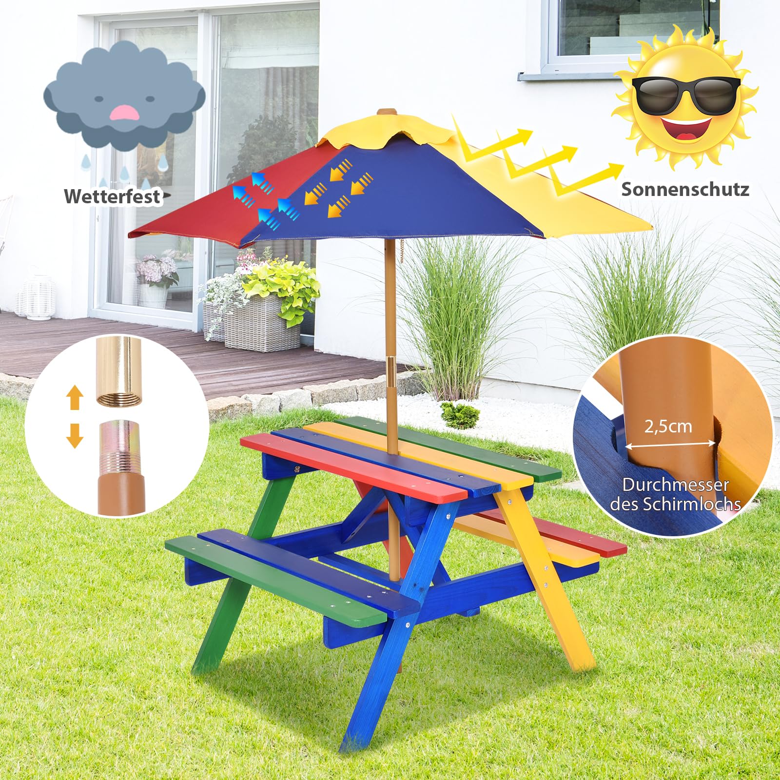 SOARS Table de Pique-Nique pour Enfants avec Parasol Réglable, Table et Bancs en Bois de Sapin pour Enfants avec Parasol, Salon de Jardin et Parc, 140 cm (Multicolore)