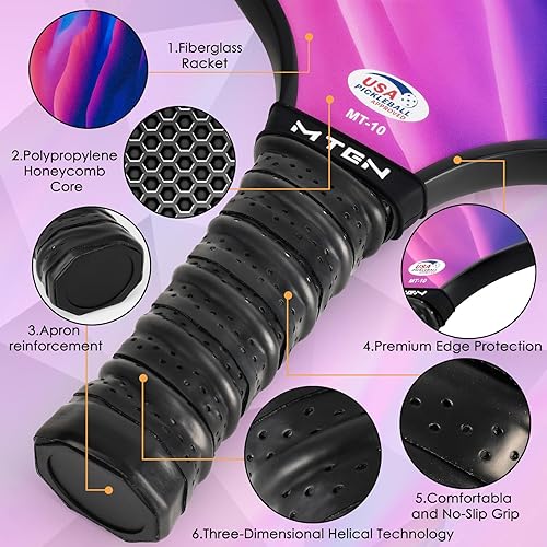 Vista 4 de Pickleball Paddles, USAPA Approved Fiberglass Surface Pickleball Set with Pickleball Rackets, Pickleball Paddles Set for Men Women Negro Rosa