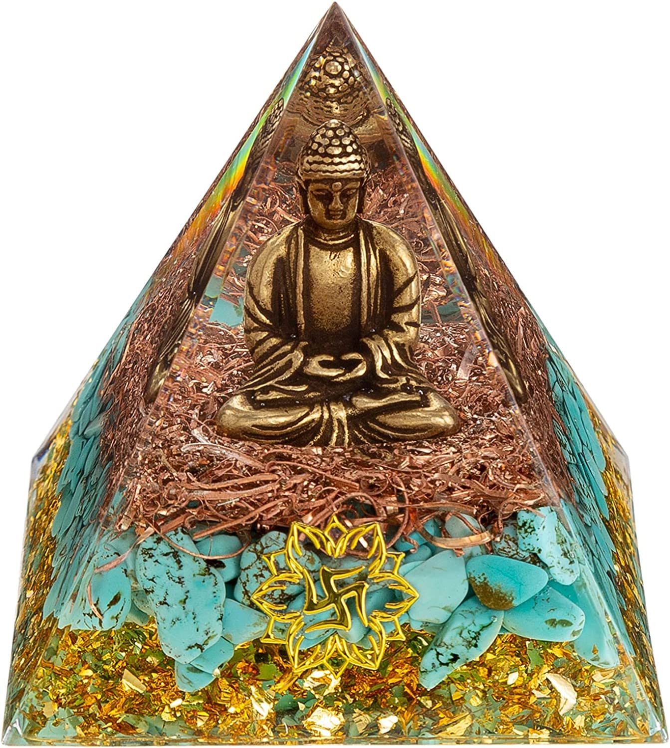 FENGSHUI-CAISHEN Little Buddha Statue in Healing Crystal Organite Pyramid - Aquamarine with Baby Buddha Figurine, Reiki Chakra Meditation Buddha Decor
