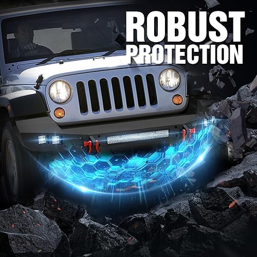 Miniatura 5 de EYOUHZ Parachoques delantero de ancho completo compatible con Jeep Wrangler JK JL JKU JLU Unlimited Rock Crawler 2007-2024 con 1 luz LED de 120 W, 4