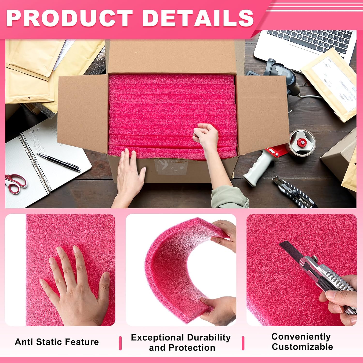 Pangda 4 Pcs 14.75 x 9.5 x 0.75 Inch Pink Polyethylene Foam Sheets Anti Static Foam Blocks Pad Cushion Cuttable Polyethylene Sheets for Reliable Packing and Craft Protection Shipping