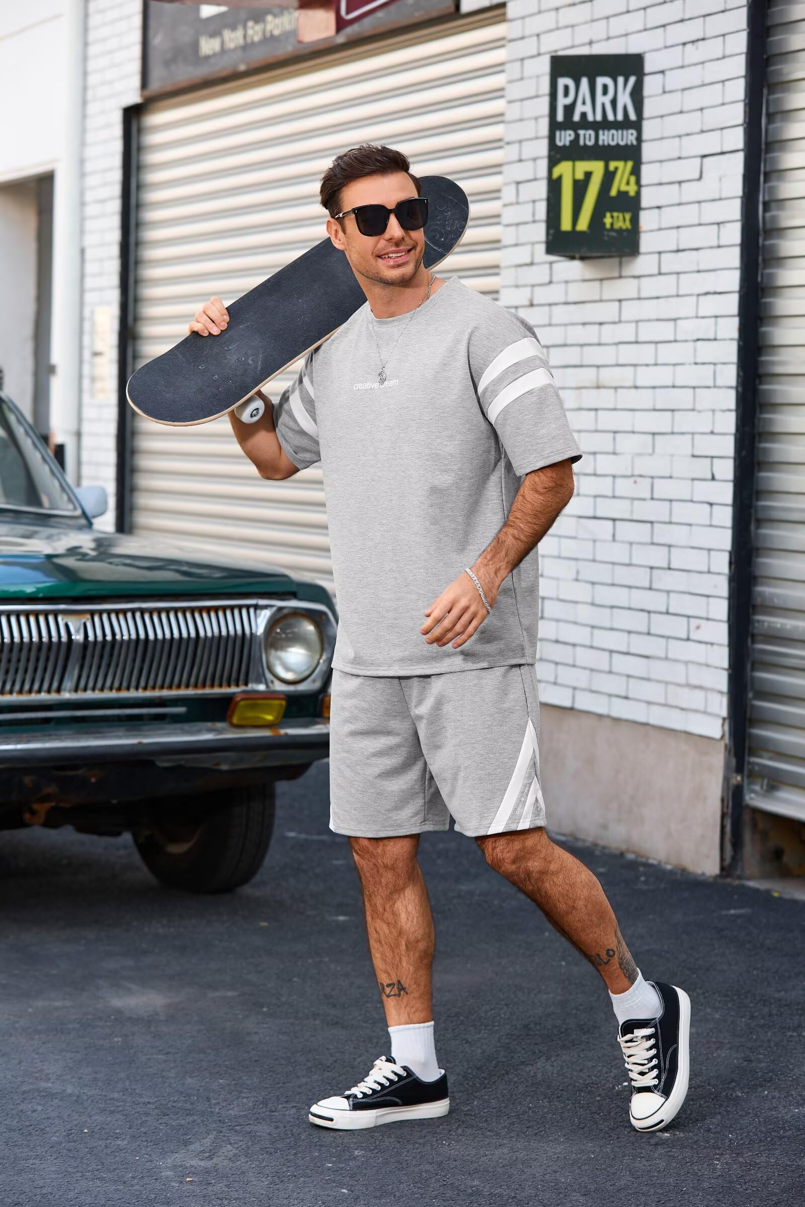 Remxi Conjunto deportivo de 2 piezas para hombre, conjunto de pantalones cortos de verano para hombre, camisetas y pantalones a rayas, conjunto casual